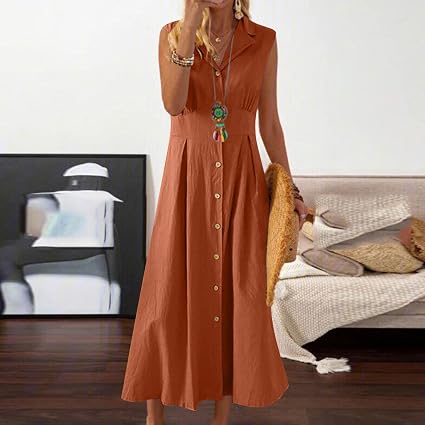 Abito Estivo Donna Qingta – Senza Maniche, Lunghezza Al Ginocchio, In Cotone/Lino, Con Bottoni, Sexy Ed Elegante