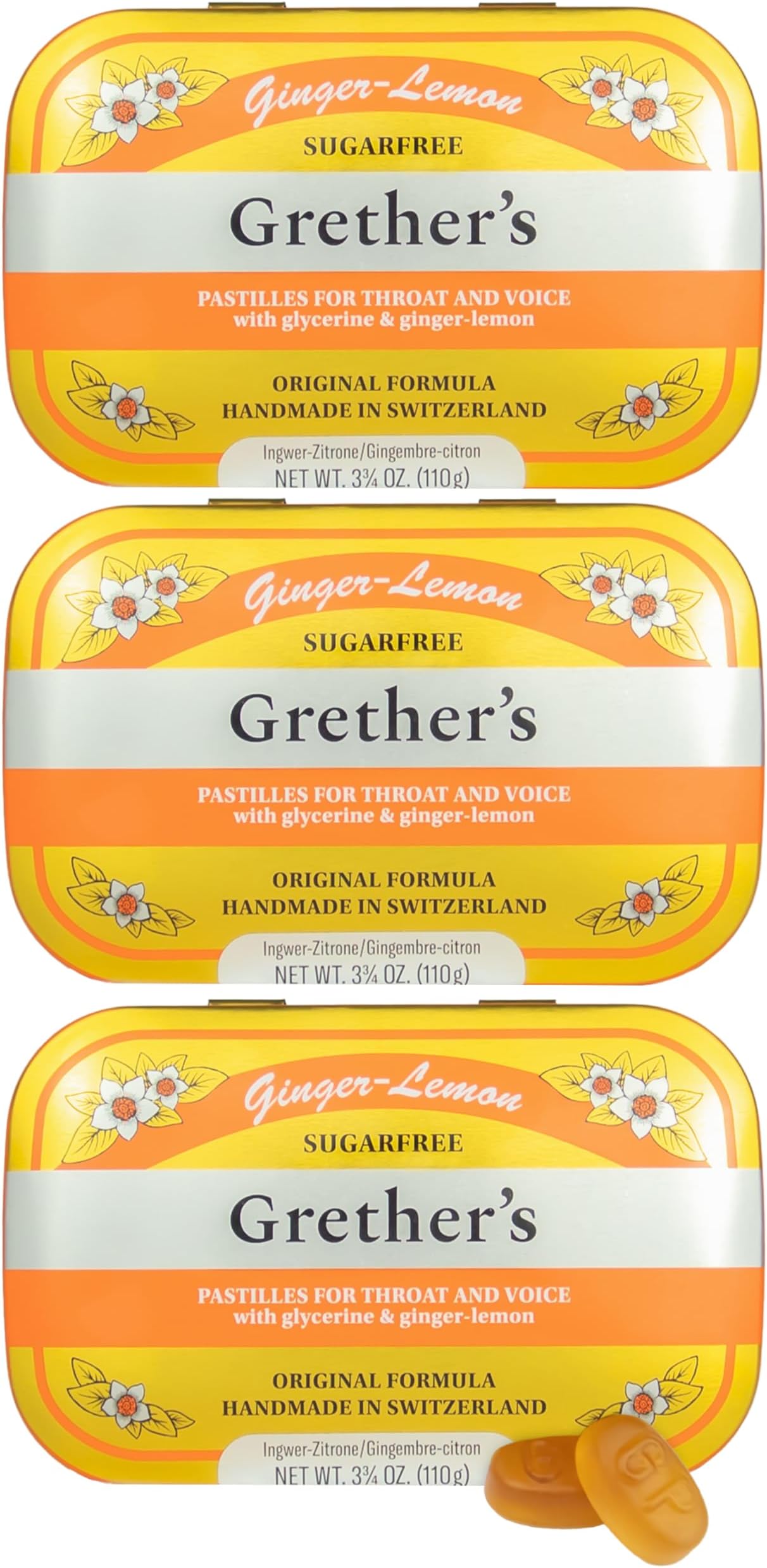 GRETHER'S Sugarfree Ginger Lemon Pastilles – Premium Swiss Throat Lozenges for Dry Mouth & Throat Comfort – Citrus-Fresh Flavor – Gluten & Lactose Free – Gift for Singers – 3.75 oz, 3 Pack
