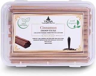 Yajna Cinnamon-100%-Natural-Incense-Bambooless-Dhoop-Sticks Handmade-Organic-Chemicals-Free for-Purification-Relaxation-Positivity-Yoga-Meditation The-Best-scents-4.5-Inches-20-Count