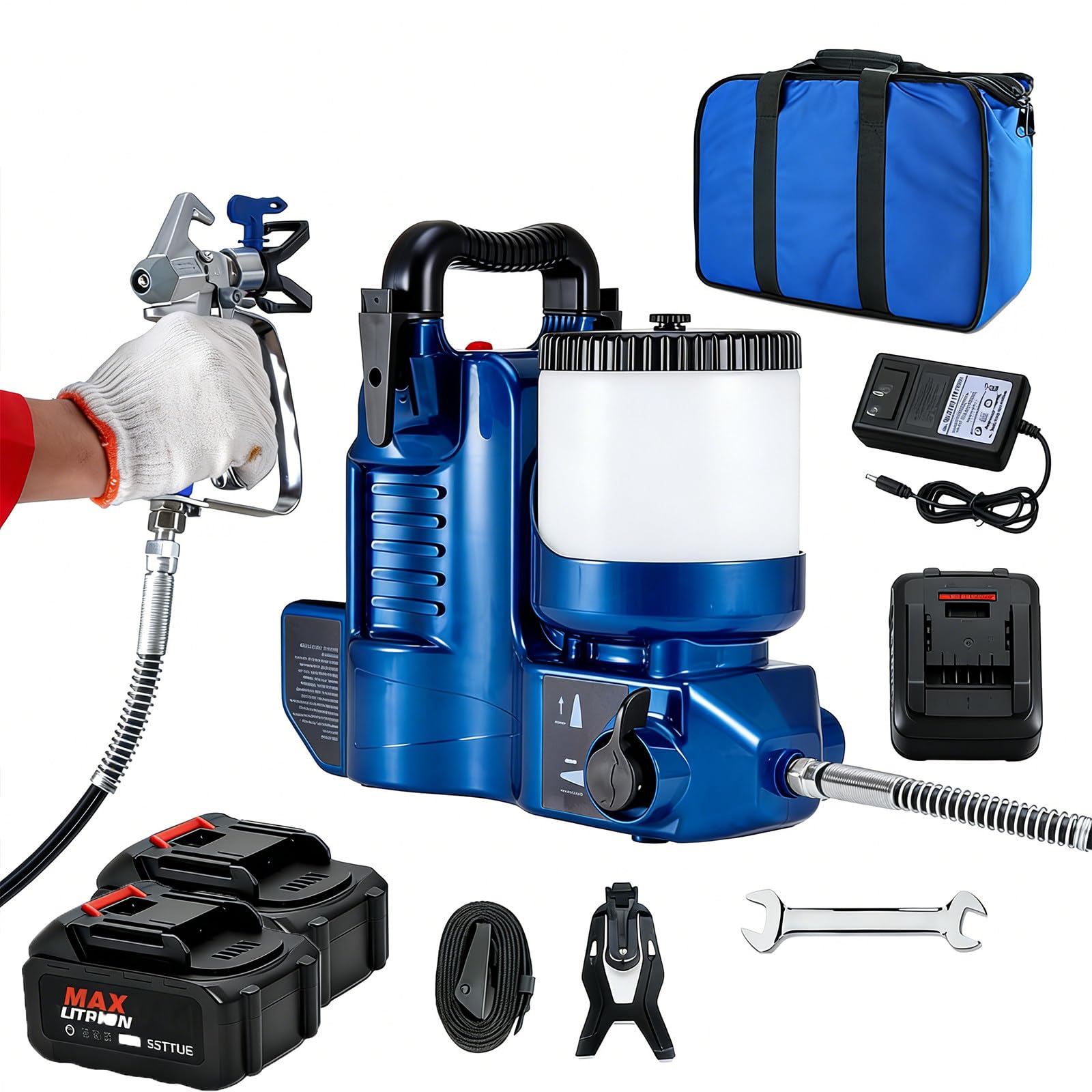 Przenośny bezpowietrzny pistolet natryskowy, 500 W, akumulatorowy, 1,2 l, wysokie ciśnienie 15 MPa, do malowania lateksu, farb akrylowych, mebli, sufitów i patio 2battery