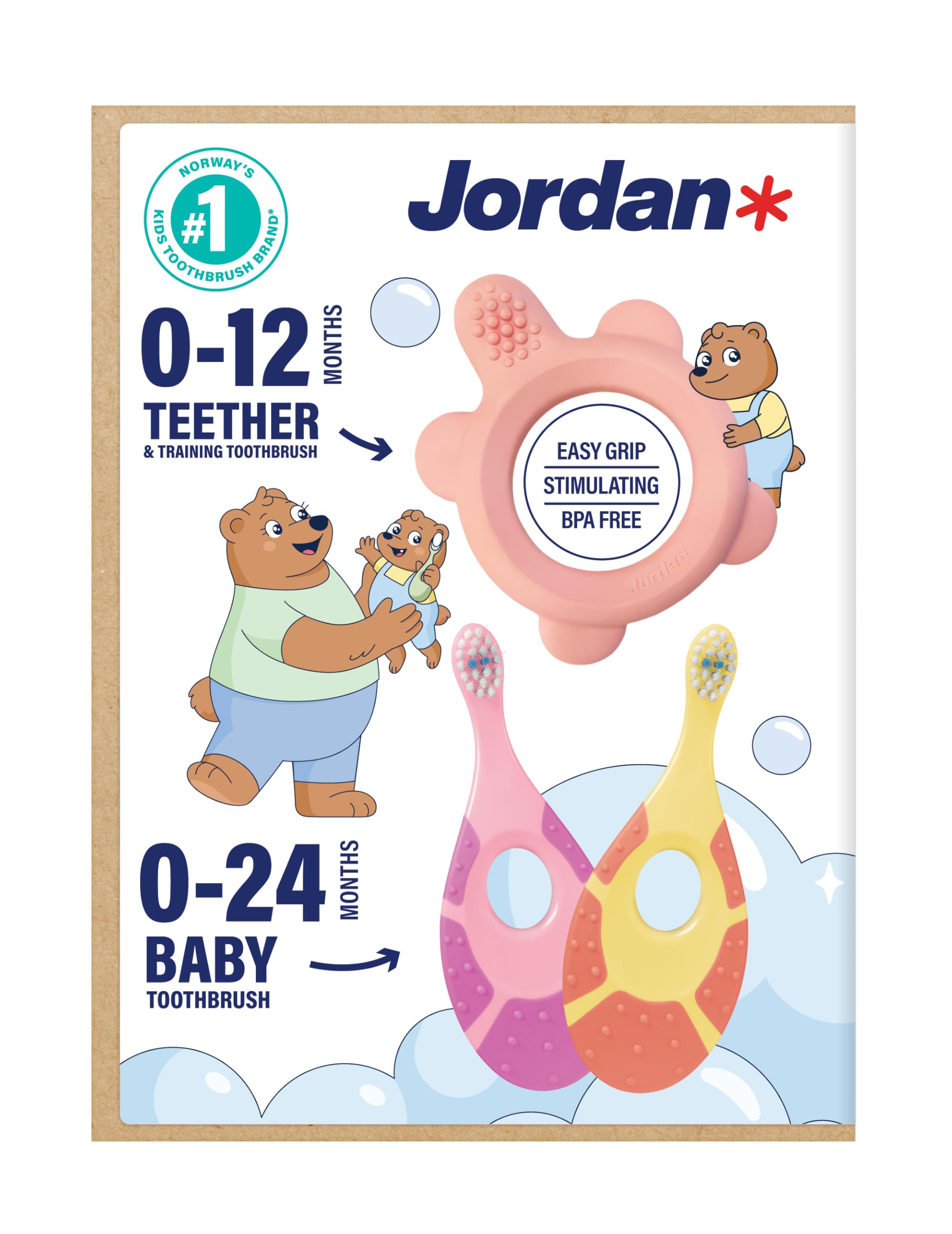 Jordan* Step 0 - Spazzolino da dentizione e da allenamento, senza BPA, igienico, 2 in 1, soluzione per dentizione e spazzolatura precoce per bambini, rosa, 1 massaggiagengive + 2 spazzolini da denti