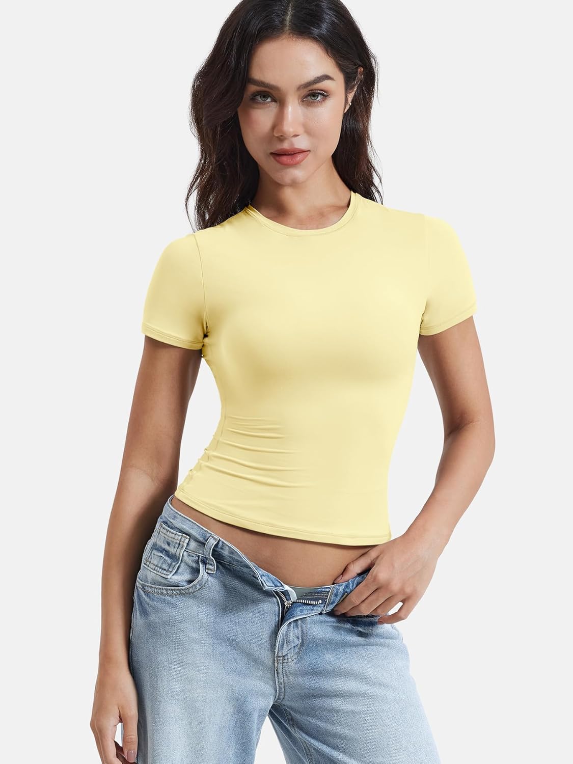 YEOREO Women Fitted Workout Tops Short Sleeve Double Lined Basic Y2K Going Out Crew Neck Compression Crop Top - Image 6