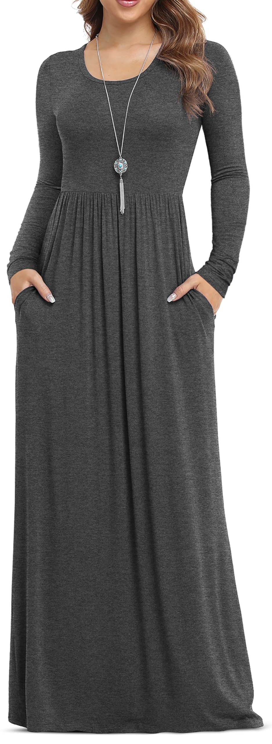 VIISHOW Women's Long Sleeve Loose Plain Maxi Dresses Casual Long Dresses with Pockets