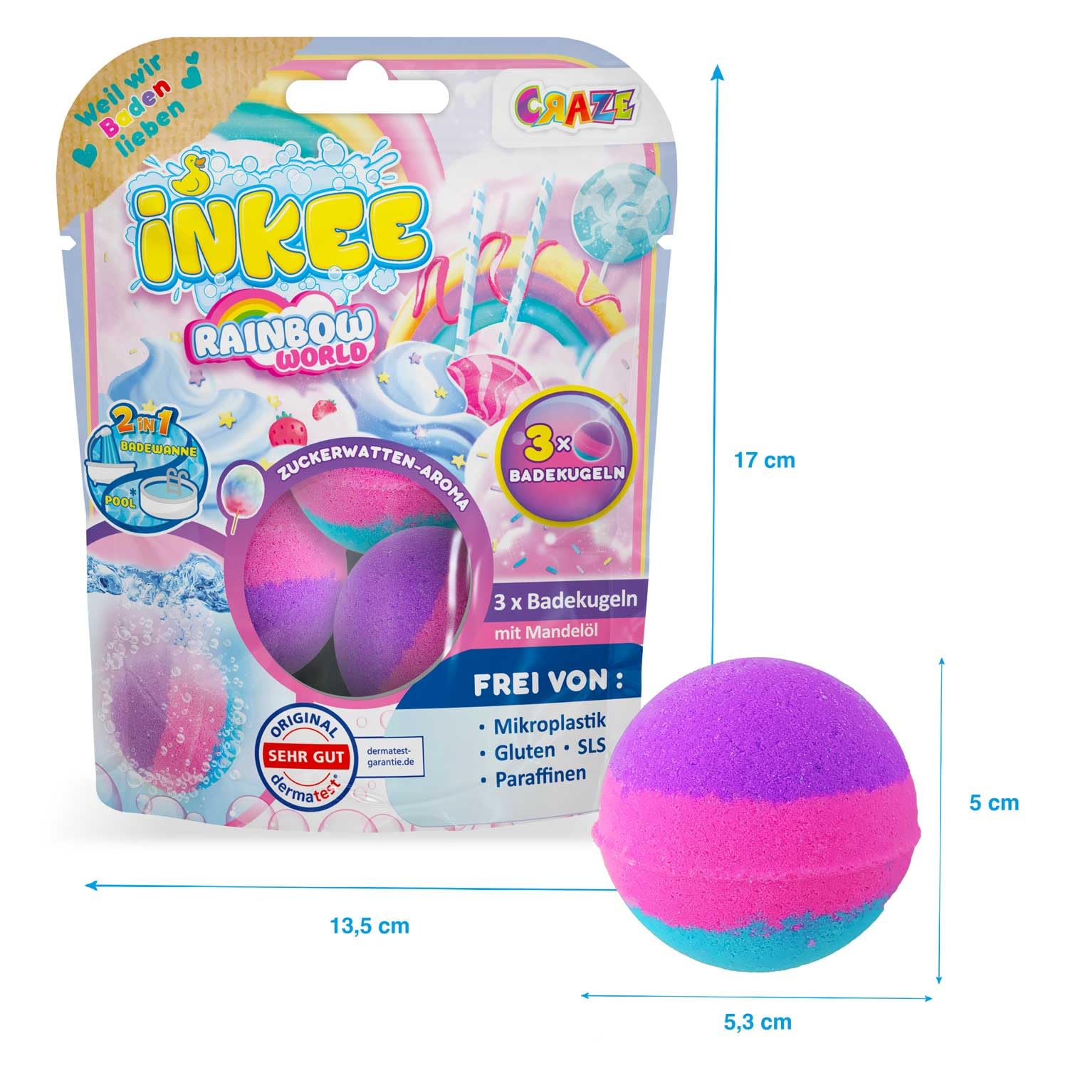 INKEE Pack Colour Rainbow World 15 bombek do kąpieli dla dzieci z 3 różnymi kolorowymi warstwami (różowy, fioletowy i niebieski), wata cukrowa i aromat oleju arganowego