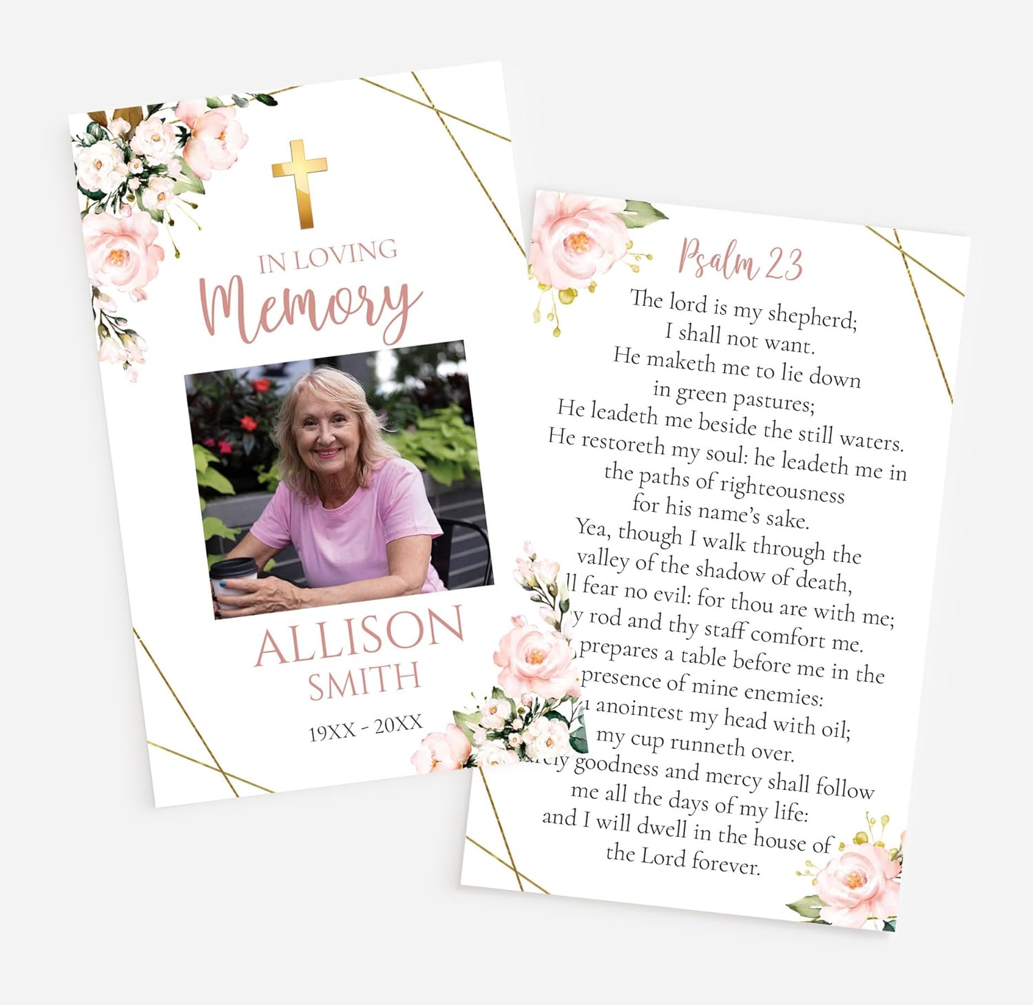 Christian Funeral Memorial Prayer Cards, Pink Floral Blush, Double-Sided, Photo Personalized with Prayer, Poem, Memory Card, Celebration of Life Bereavement, Comfort, Remembrance, Sympathy, Cross