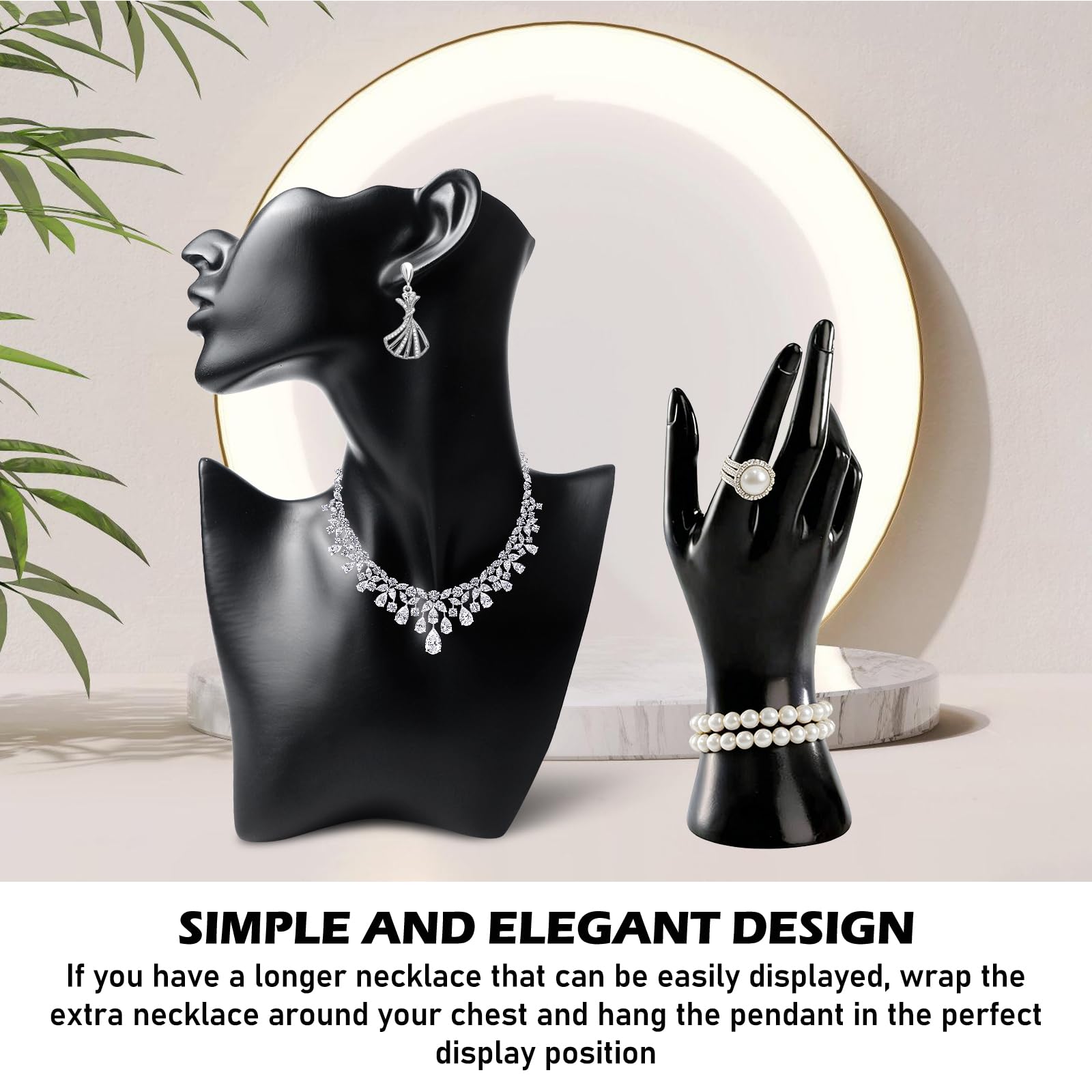 Lot de 2 Mannequins de Bijoux : Présentoir Élégant à Main et Grand Ensemble de Présentation en Résine Noire, Kit de Haute Qualité pour Magasins et Foires