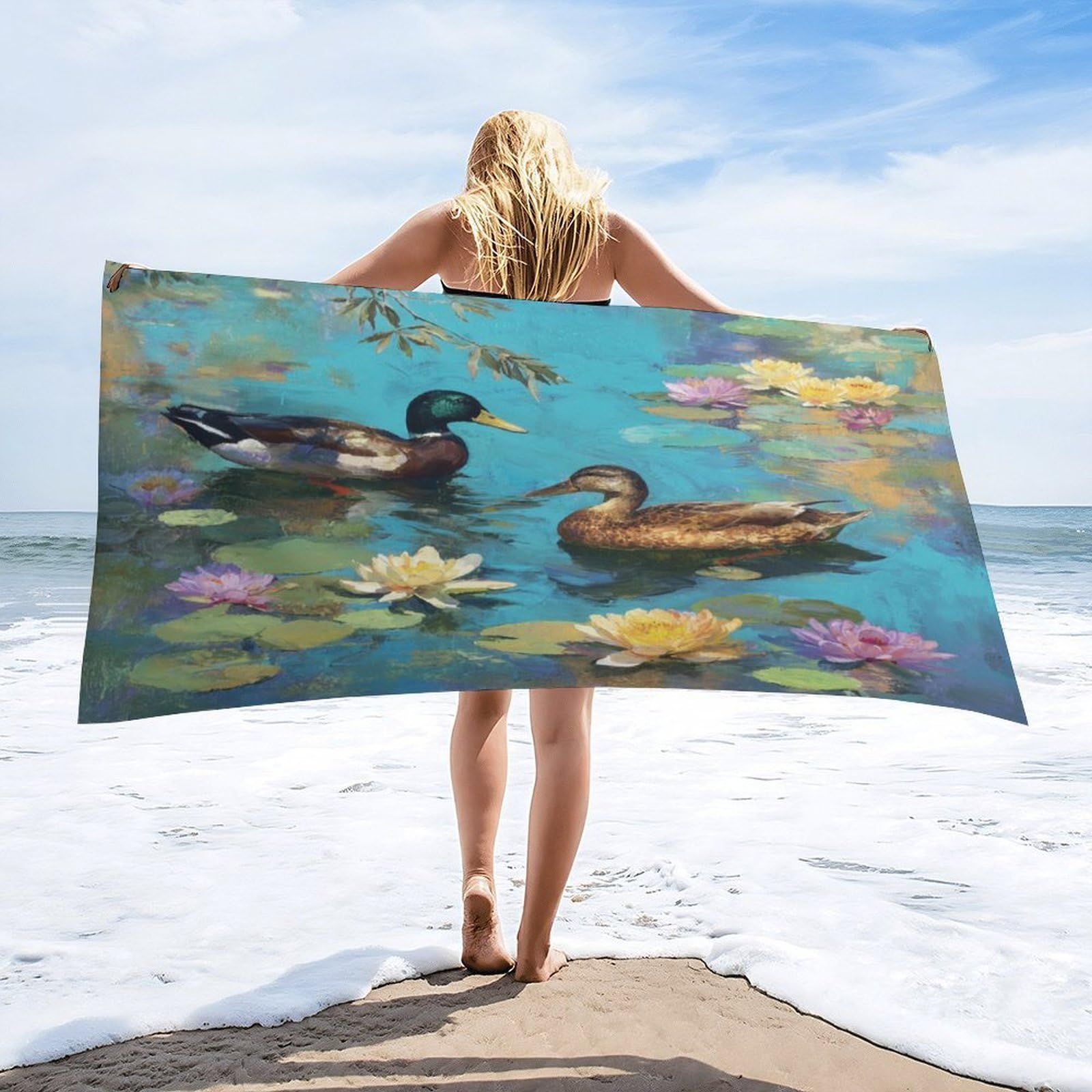 Luyysky Rustic Aesthetic Animal Duck Quick-Drying Beach Towel, Classic Beautiful Plant Lotus Flowers Wildlife Mallard Travel Vacation Single Sided Pile Bathroom Towels-80 W Cm X 160" L Cm