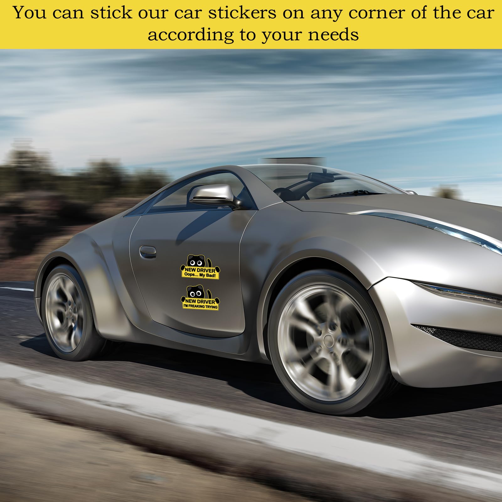 4 magneti per auto nuova con gatto nero, divertenti magneti per auto per neopatentati. Siate pazienti, segnali di avvertimento di sicurezza per studenti alla guida. Dimensioni moderate e lunga