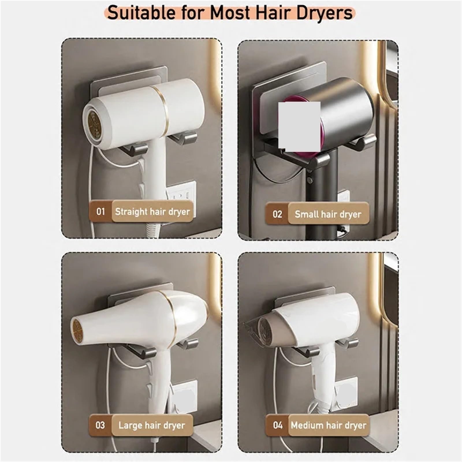 2Pcs Aluminium Haartrockner Halter Wand Selbstklebende Kein Bohrer Rack Schlag Kostenloser Bad Lagerung Organizer Für Haartrockner(White)