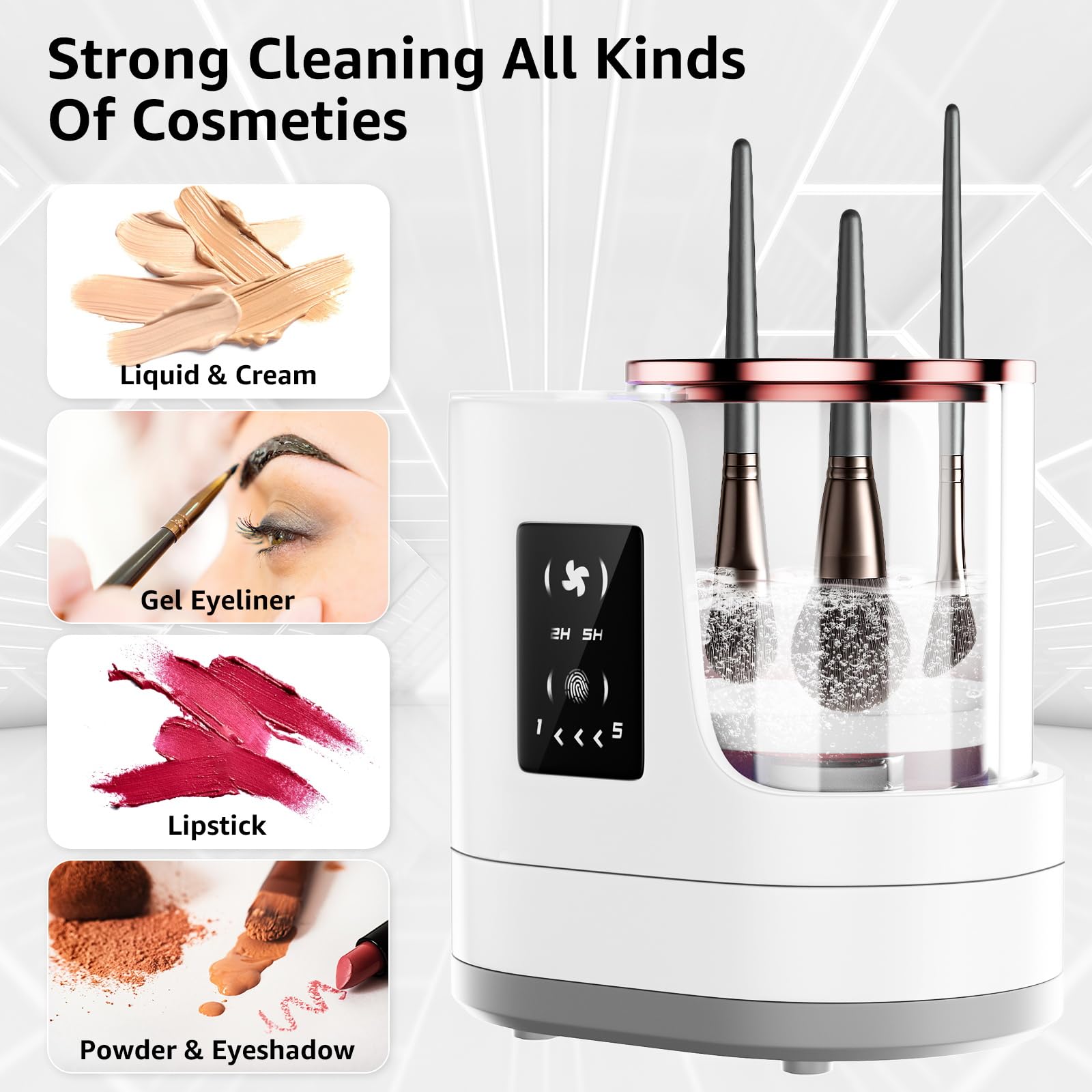 Nettoyeur et séchoir électrique 3 en 1 pour pinceaux de maquillage, machine de nettoyage automatique de pinceaux avec nettoyage en profondeur double direction et séchage réglable, outil cosmétique