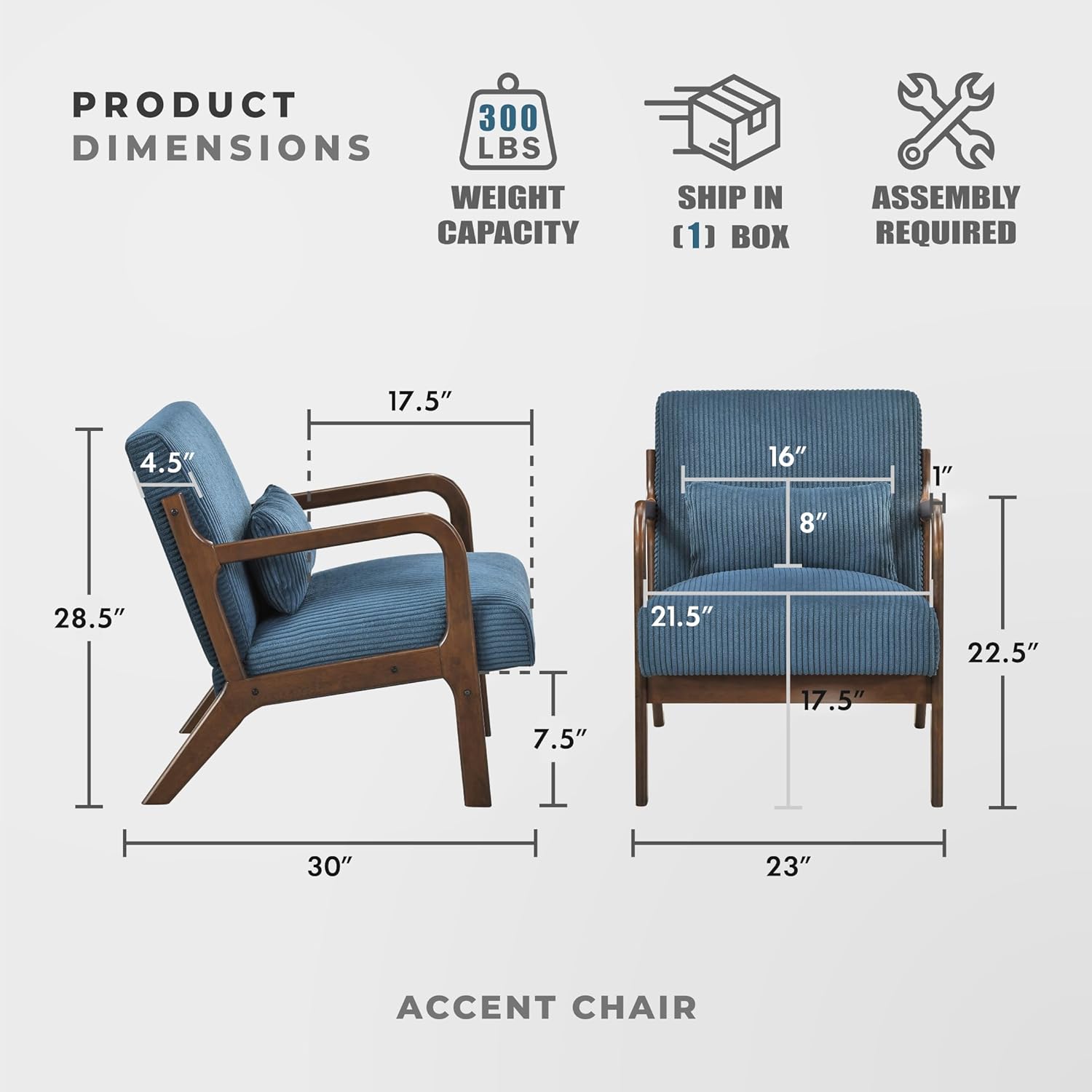 Lexicon Mid Century Modern Accent Chair-with Solid Wood Armrests and Legs, 1 Lumbar Pillow, Cushioned Seat and Backrest, Corduroy Comfy Lounge Arm Chair for Living Room, Bedroom, Office, Blue