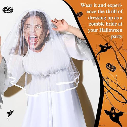 Miniatura 5 de 2 piezas de Halloween para mujer, disfraz de fantasma de Gossamer, vestido de novia, velo de novia, blanco, gótico, victoriano, disfraz de novia