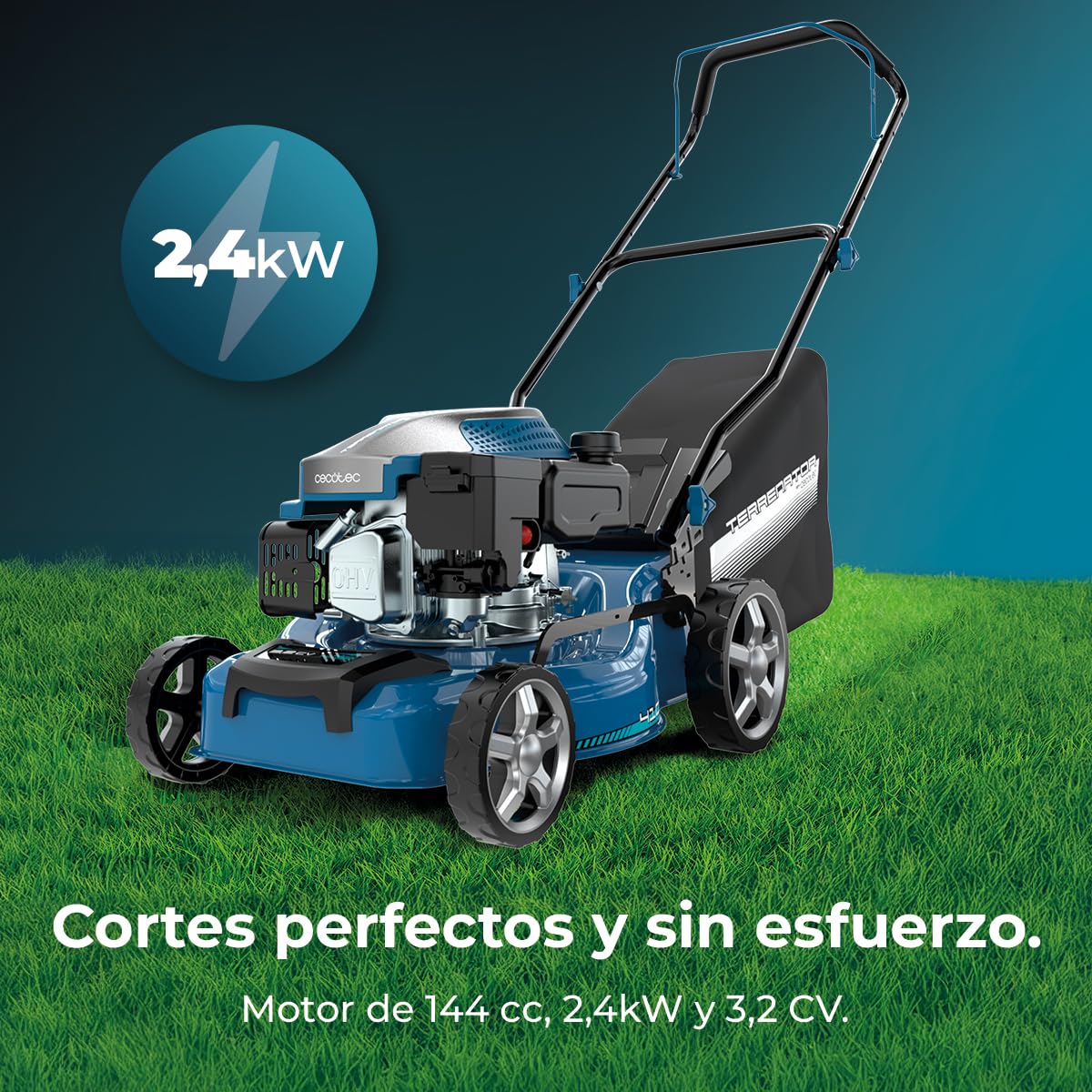 Cecotec Cortacésped de Gasolina Motor 144cc Terrenator 2700.41 Plus Total Z | Ancho de Corte 41cm, Cuerpo de Acero, Cambio de Altura Sistema Z-Tech, 3in1 con Mulching, Ruedas Traseras XL