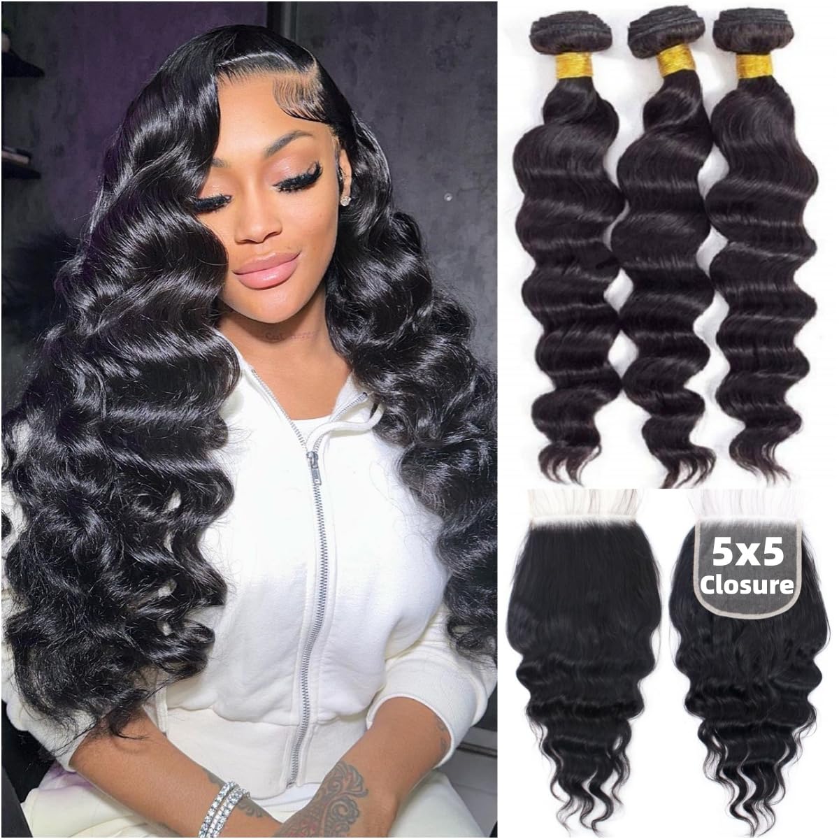 18A Loose Wave Bundles Human Hair with 5x5 HD Lace Closure (14 16 18 +14) 100% Unprocessed Brazilian Virgin Remy Hair Loose Curly Human Hair Bundles with Closure Natural Color