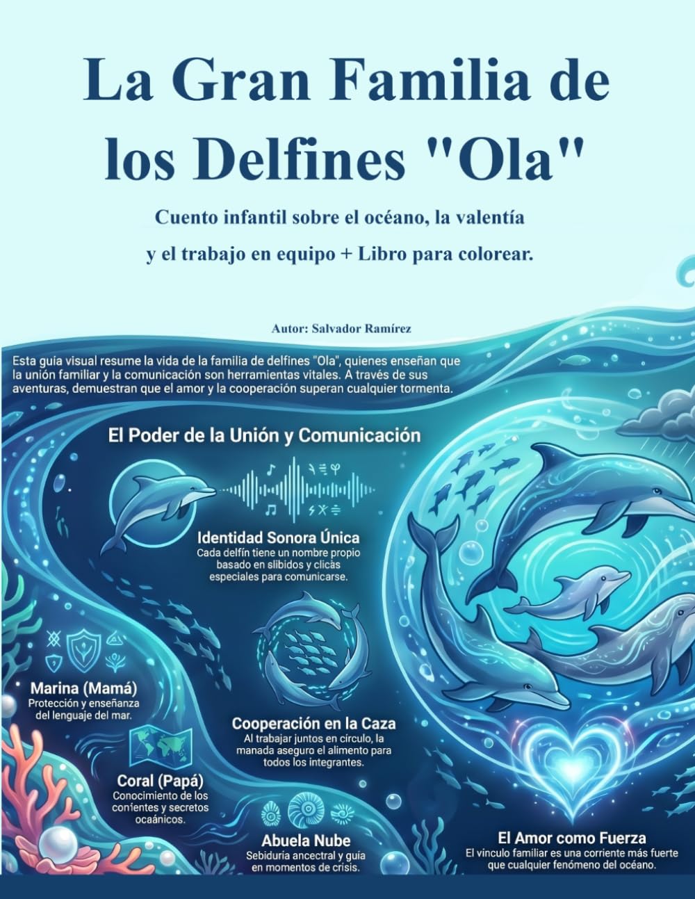 La Gran Familia de los Delfines Ola: Cuento infantil sobre el océano, la valentía y el trabajo en equipo + Libro para colorear.