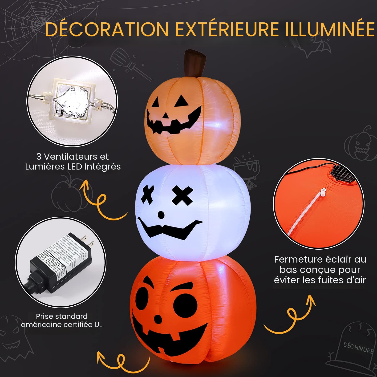 Décor Gonflable Halloween - Citrouilles Empilées Pour Jardin, 1,2 M, 100-240V, Silence Optimisé
