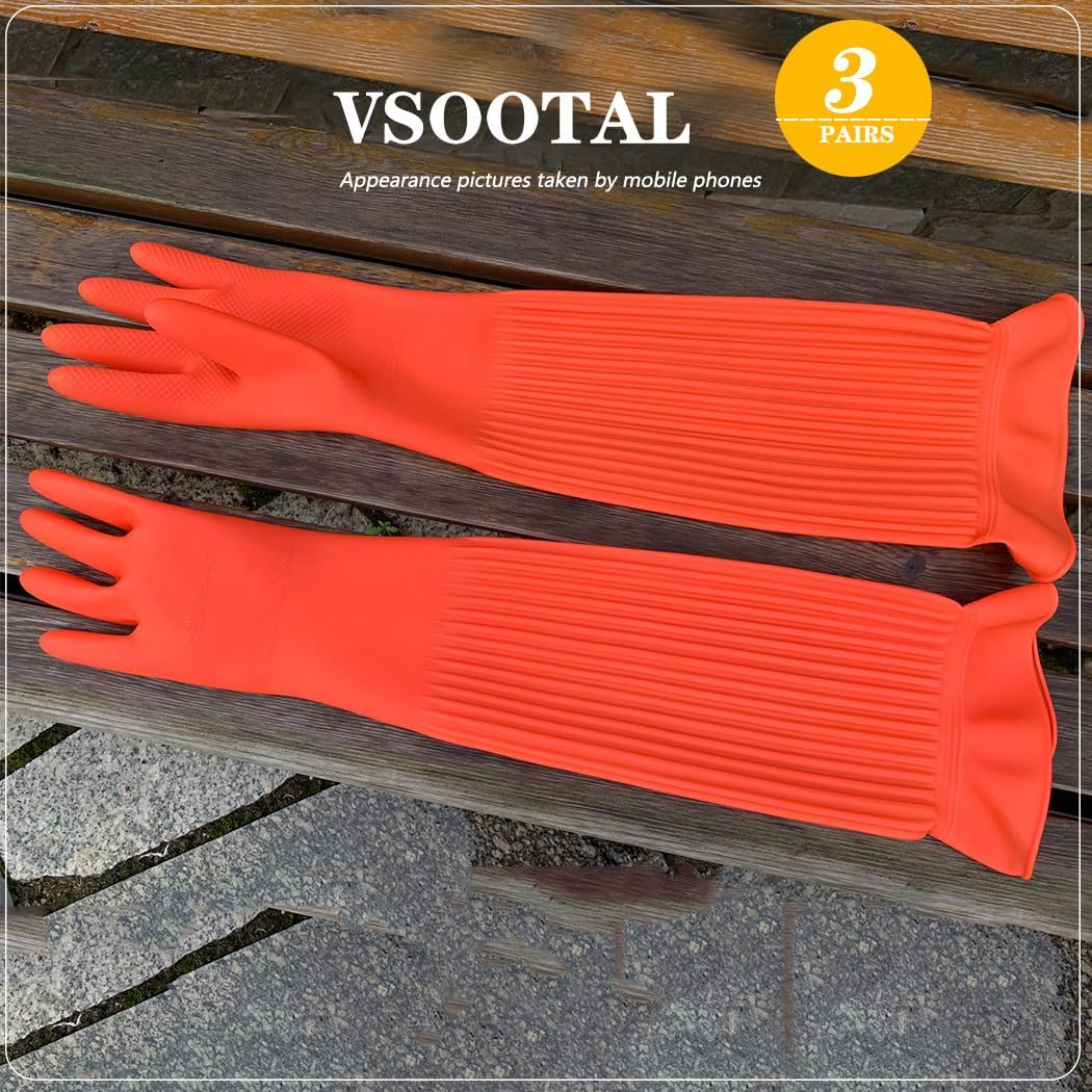 3 Pairs Household Extra Long Kitchen Gloves for Washing Dishes，20.05inches Rubber Cleaning Gloves，Reusable Latex Living Wash Gloves，Long Sleeves(Medium, Red)