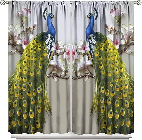 Miniatura 139 de Cortina opaca con estampado de pavo real, con estampado de animales retro, con bolsillo para cortinero y flores de peonía doradas, para dormitorio,