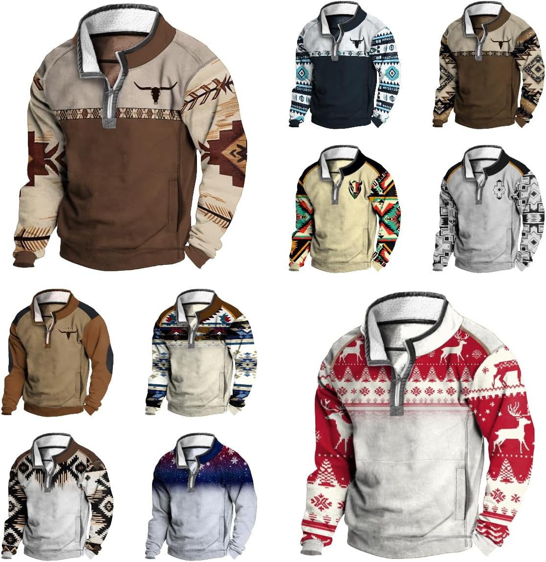 Western Hoodies For Men Aztec Ethnic Print 1/4 Zip Crewneck Fleece Pullover Vintage Sweatshirt With Pockets - Image 4