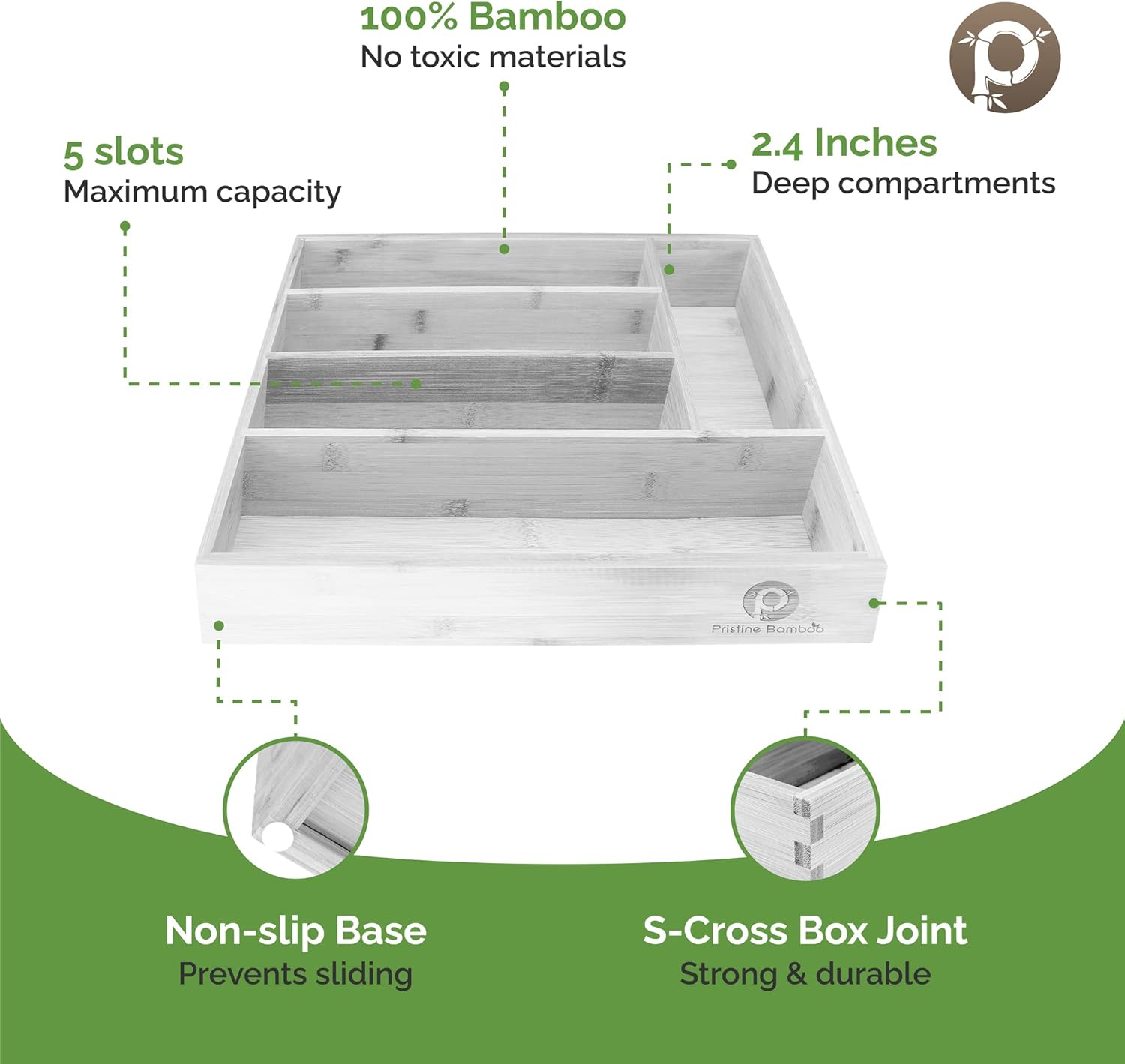 Pristine Bamboo Kitchen Drawer Organizer - Drawer Utensil Organizer and Cutlery Tray - Flatware and Silverware Holder (5-Slots, White)
