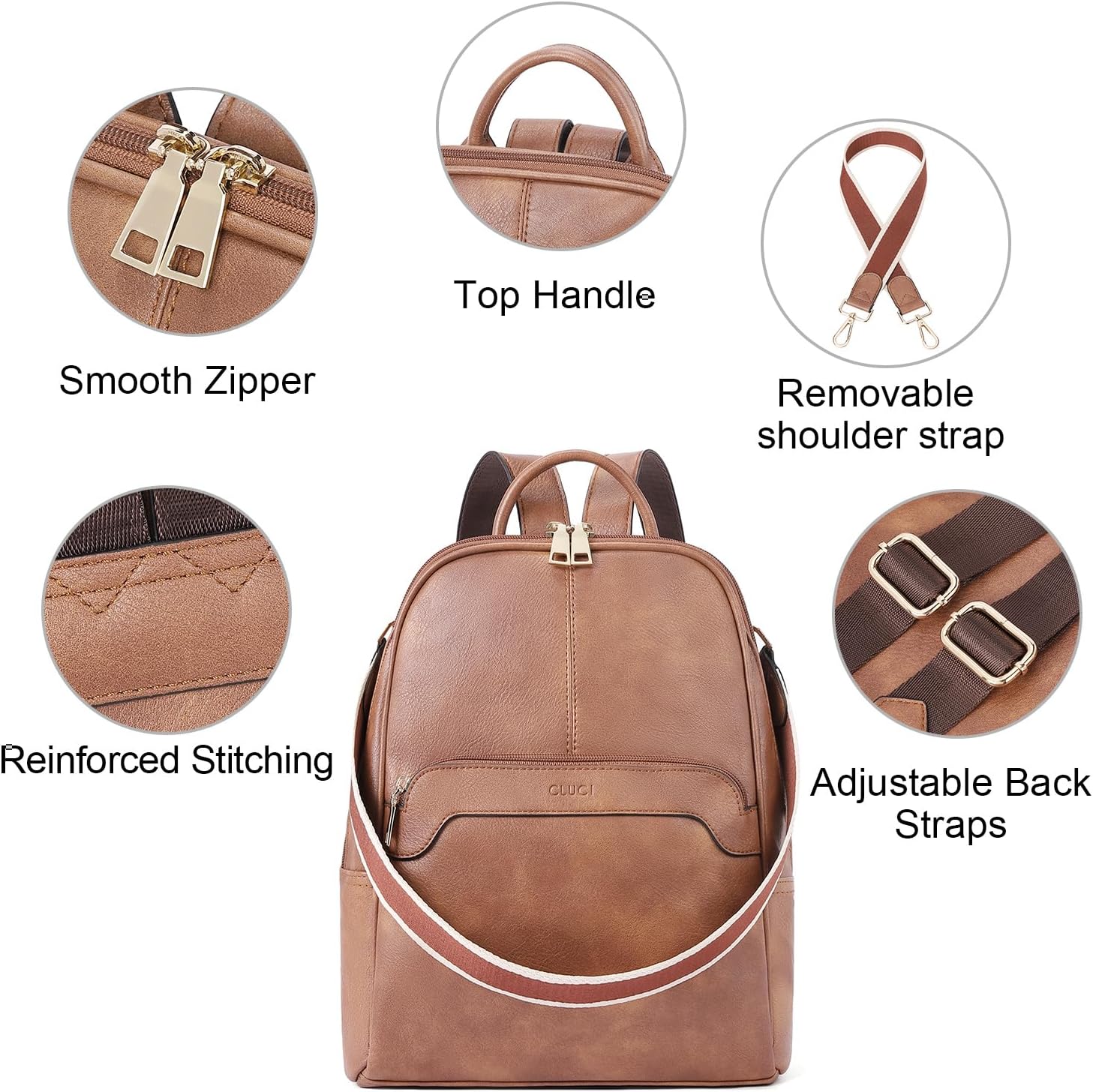 CLUCI Small Backpack for Women, Womens Backpack PU Backpack Purse for Women Leather Convertible Travel Backpack Shoulder Bags - Image 5