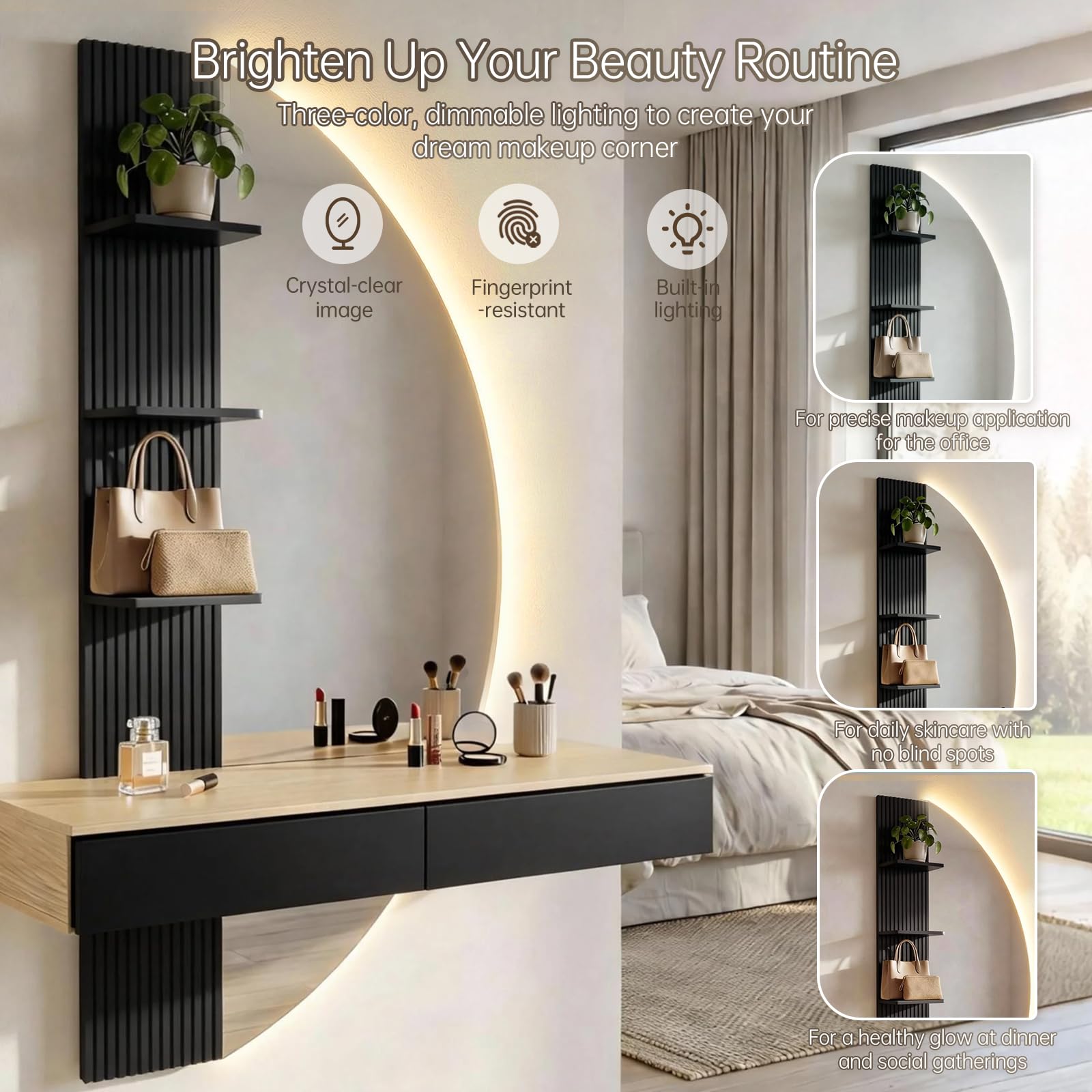 TRIUMPHKEY Tavolo da Trucco da Parete con Illuminazione LED e Grande Specchio HD – Mobile da Trucco Sospeso con Cassetti, Touch Dimmer e 3 Temperature di Colore (Nero)