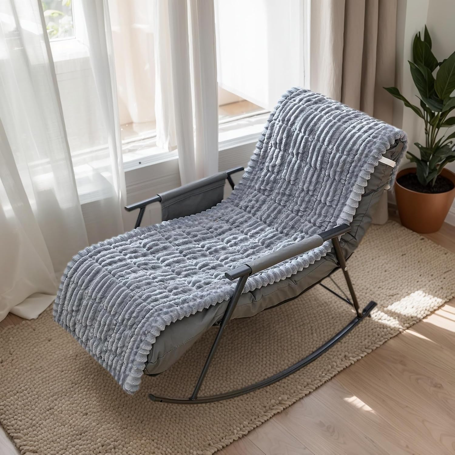 Faux Fur Recliner Cover, Non-Slip Soft Fuzzy Recliner Rocking Chairs Cover, Washable Furniture Protector Couch Cover with Elastic Band Furniture Protector for Living Room Outdoor (Light Gray)