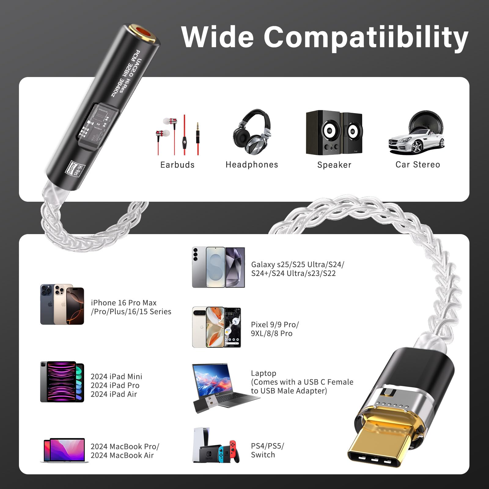 ZVGMOOE Adaptador de audio USB-C a 3.5 mm, doble chip CX31993 y MAX97220 DAC con amplificador HiFi, cable chapado en plata 4N de 8 hebras, compatibilidad universal para Android/iPhone/PC/Mac (incluye