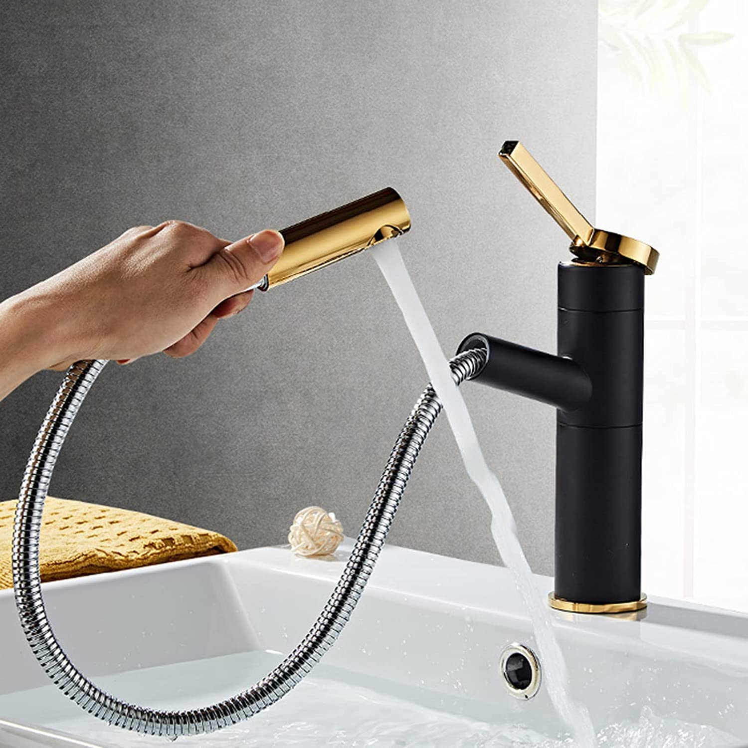 DFGHNBVC Pull Down Bathroom Faucet Single Handle 360° Swivel Mixer Tap Black Chrome High Arc Basin Sink Faucet With Retractable Spray For Modern Bathrooms,Schwarz Und Gold-Niedrig