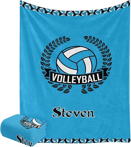 Manta personalizada de voleibol deportivo, manta de forro polar suave azul con nombre para regalos, sofá cama, 50 x 60 pulgadas
