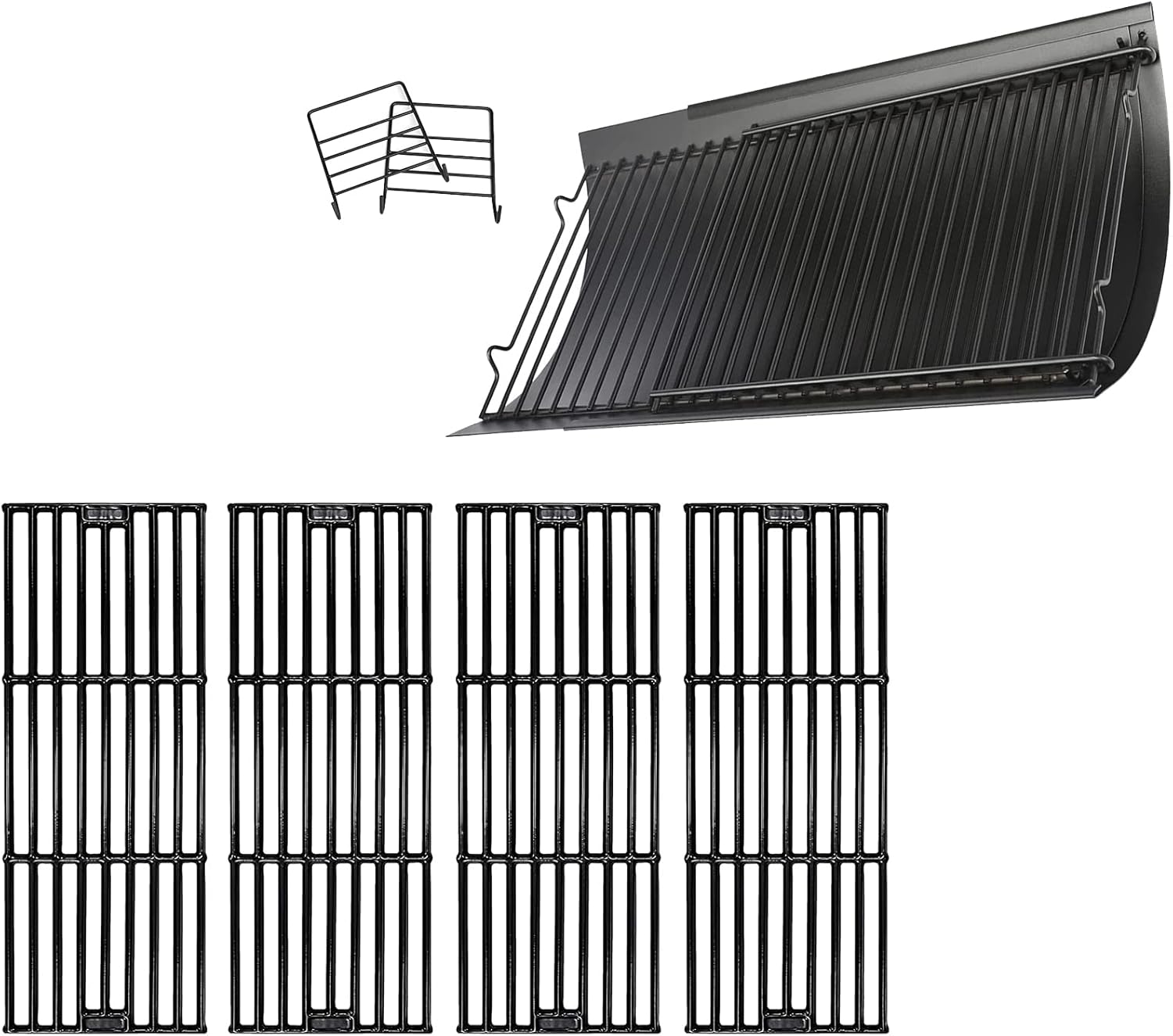 Hisencn Porcelain Cast Iron Cooking Grates and Adjustable Ash Pan for Chargriller 2121, Gas Grill Models Set of 4 Grill Grids, Extend Ash Pan with Fire Grate Hanger Replacement Parts(2 Pack)