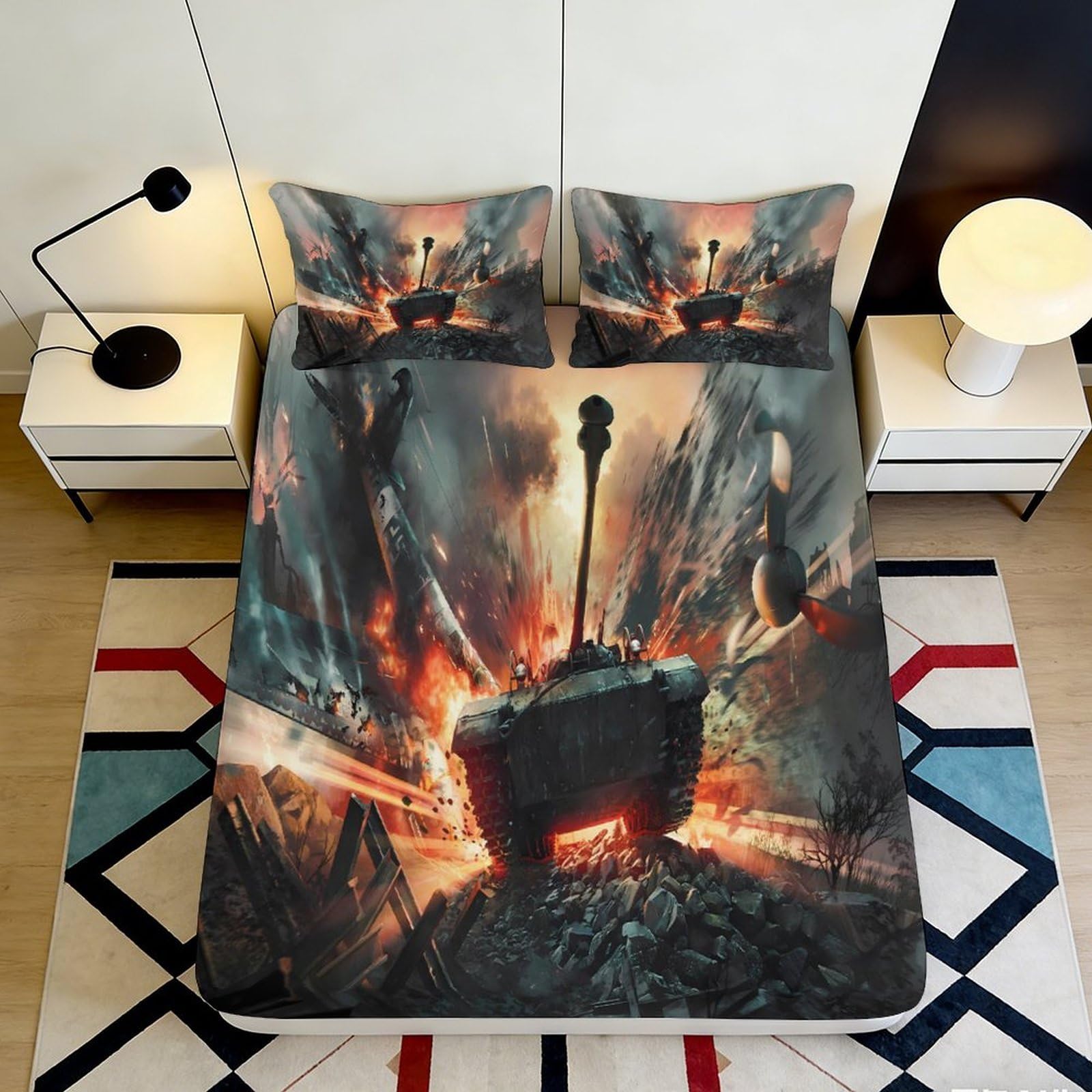 3D Printed Tank Explosion Fitted Sheet Microfiber Soft Camouflage Battle Scene Mattress Cover Bedroom Decor 90x200x25cm