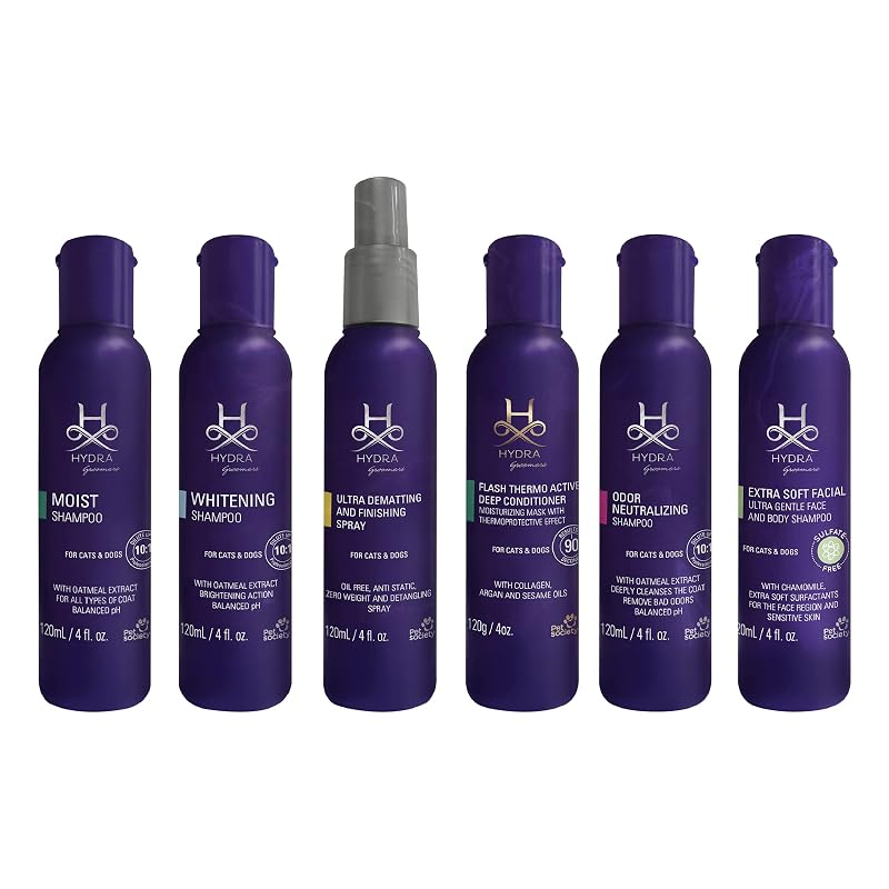 Kit de Higiene e Tosa H HYDRA GROOMERS para Cães e Gatos com Shampoos, Condicionador e Sprays — 6 Frascos de 120 mL