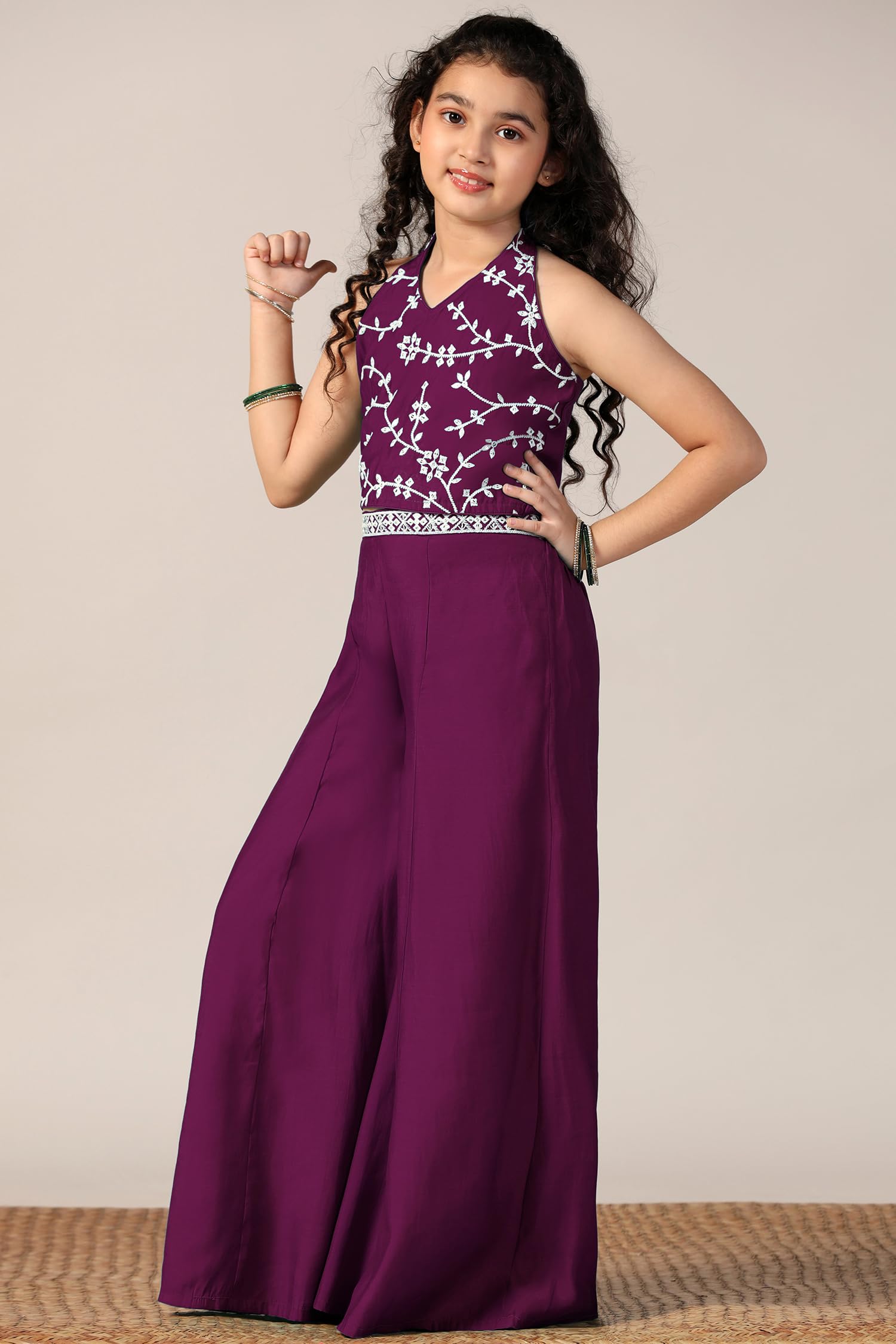 Fashion Dream Girl's Silk Blend Ethnic Top and Palazzo Set|Kids Salwar Suit Set|Embroidered Suit for Girls|Indo Western Set|Salwar Suit Set for Girls (FDGSET00509 WIN 28_Wine_7-8 Years) - Image 5 thumbnail