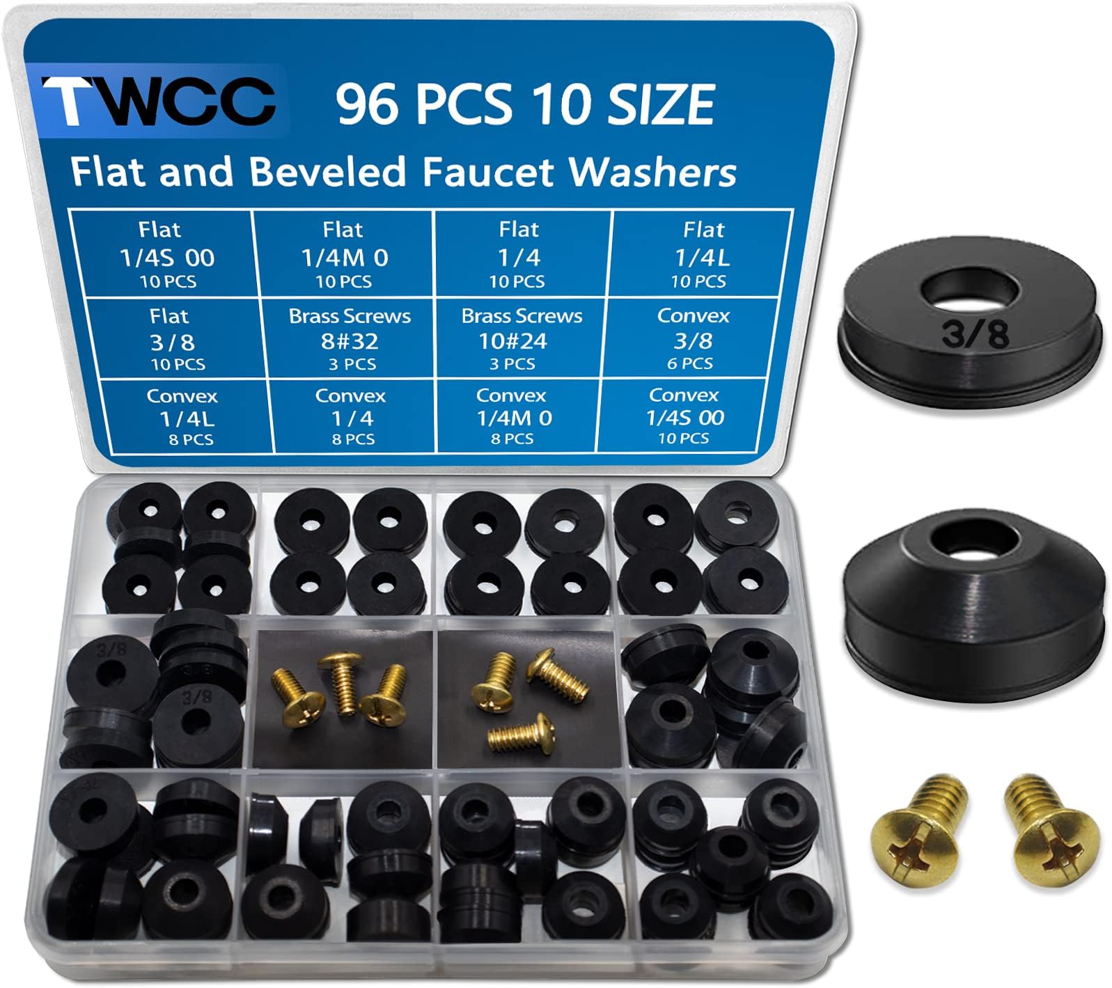 TWCC 96 pc Flat and Beveled Faucet Washers and Brass Bibb Screws Assortment for Use with Assorted Quick-Opening Style Faucets Stem Worn Out Washer Replacements Black
