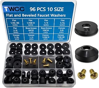 96 pc Flat and Beveled Faucet Washers and Brass Bibb Screws Assortment for Use with Assorted Quick-Opening Style Faucets Stem Worn Out Washer Replacements Black