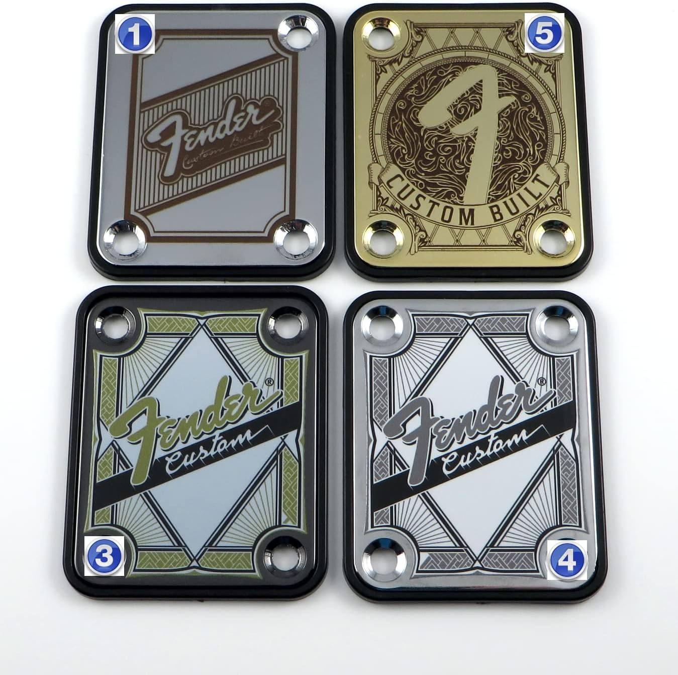 Standard 4 Bolt "Custom Built" Engraved or Printed Guitar Neck Plate - Choose from 4 Designs - Chrome, Gold or Black