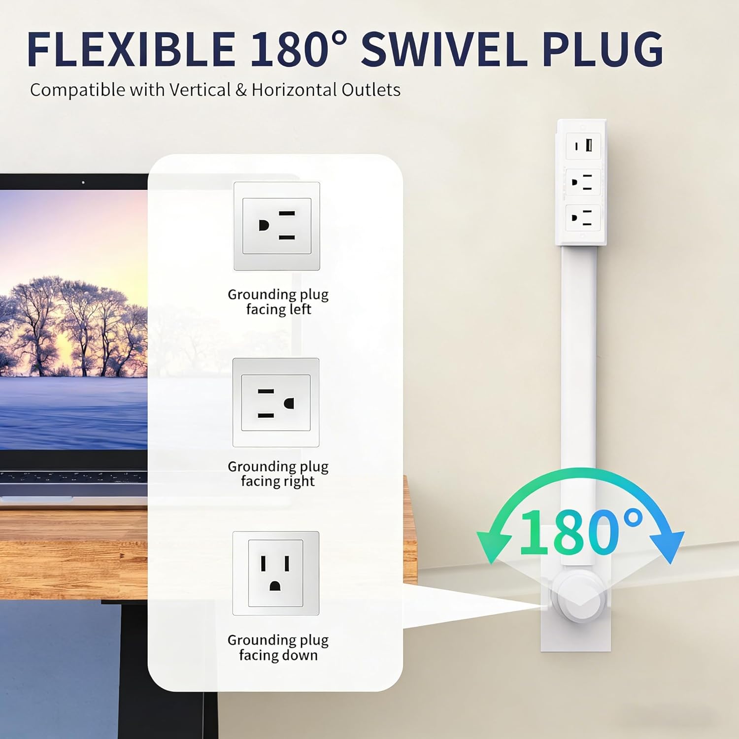 Electrical Outlet Extender Stick,180° Rotating Outlet Extender, Adjustable 44–70cm Electrical Outlet Extension with USB-C/USB-A Ports and 2 AC Outlets, Use Behind Couches,Nightstands,Desks,More