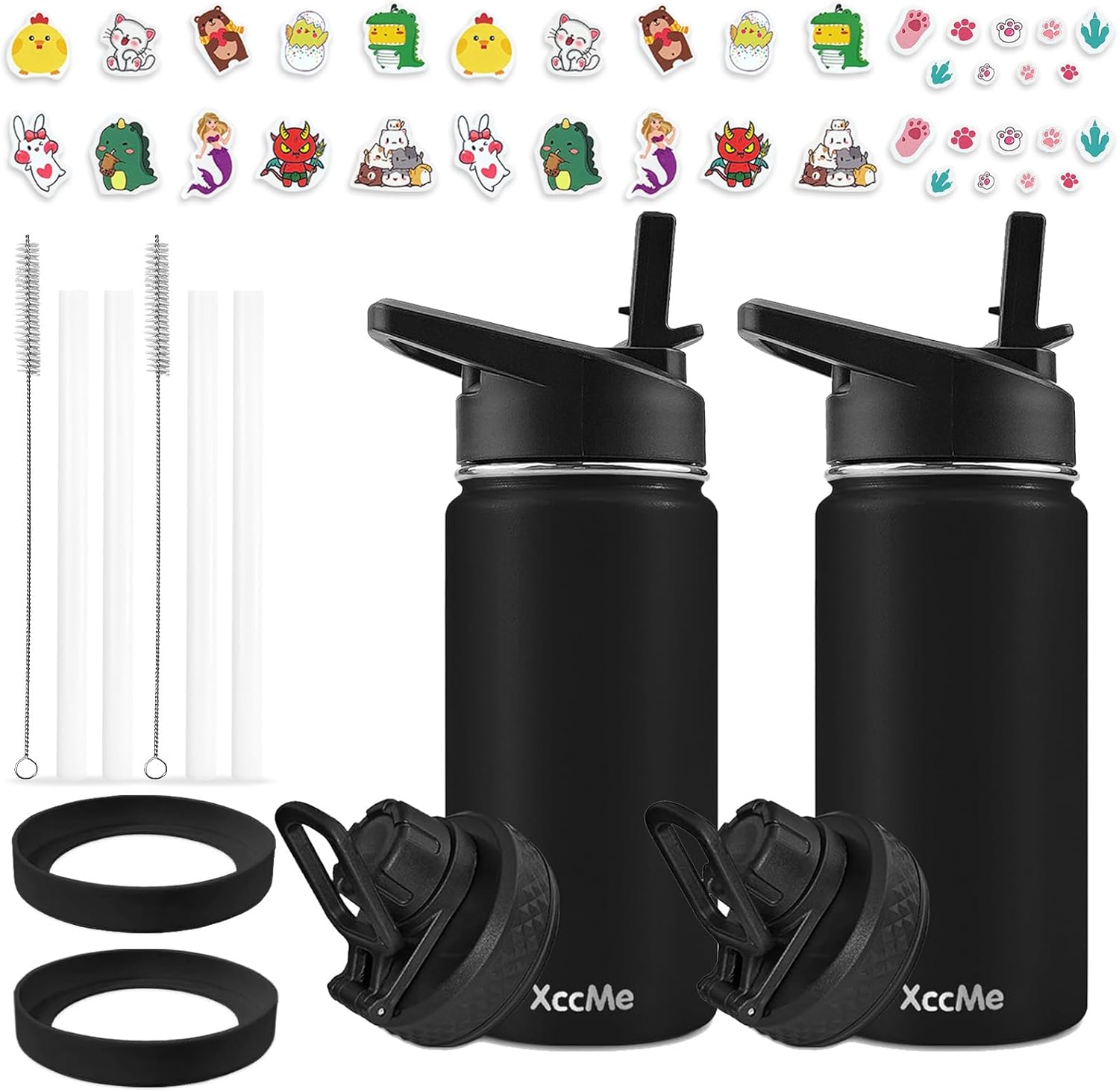 XccMe 16 oz Kids Water Bottle with 4 Lids,2 Pack Water Bottles for School,Insulated Kids Thermos with Straw Lid,Straw Brush,Cute Stickers (Black 2)