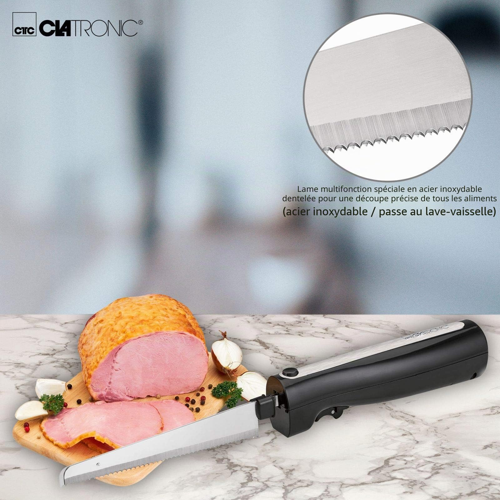 Couteau électrique de cuisine pour viande, couteau électrique pour aliments congelés (lame en acier inoxydable, lame dentée, couteau à pain, 120 W, noir)