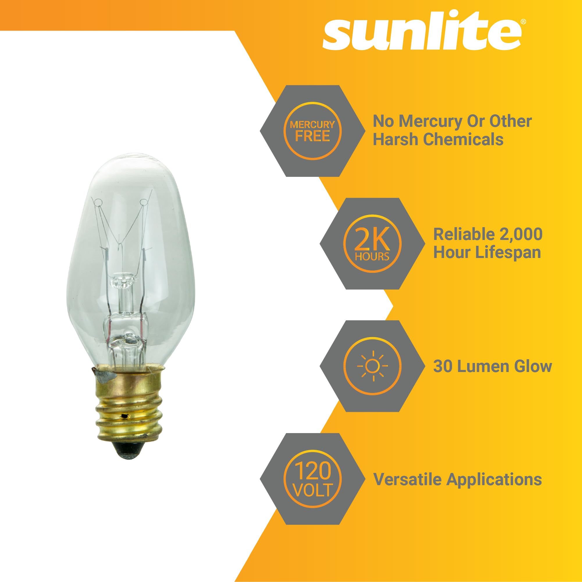Sunlite 01280 7C7 Incandescent Bulb 7 Watt Candelabra E12 Base C7 Small Night Light Colored Bulb Clear 25 — view 3