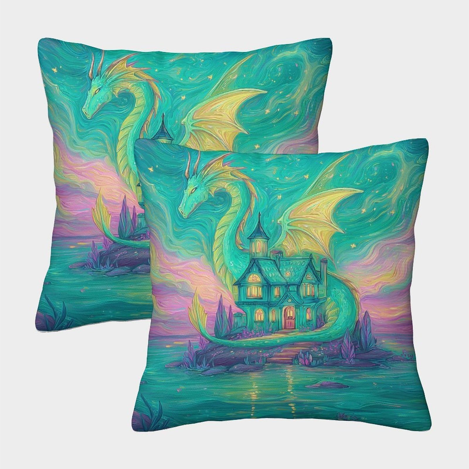 kaiyun 2 Pack A House on The Island, Surrounded by Dragons 3D Cushion Cover Pillow Cover Sofa Outdoor Decoration Square 45x45cm