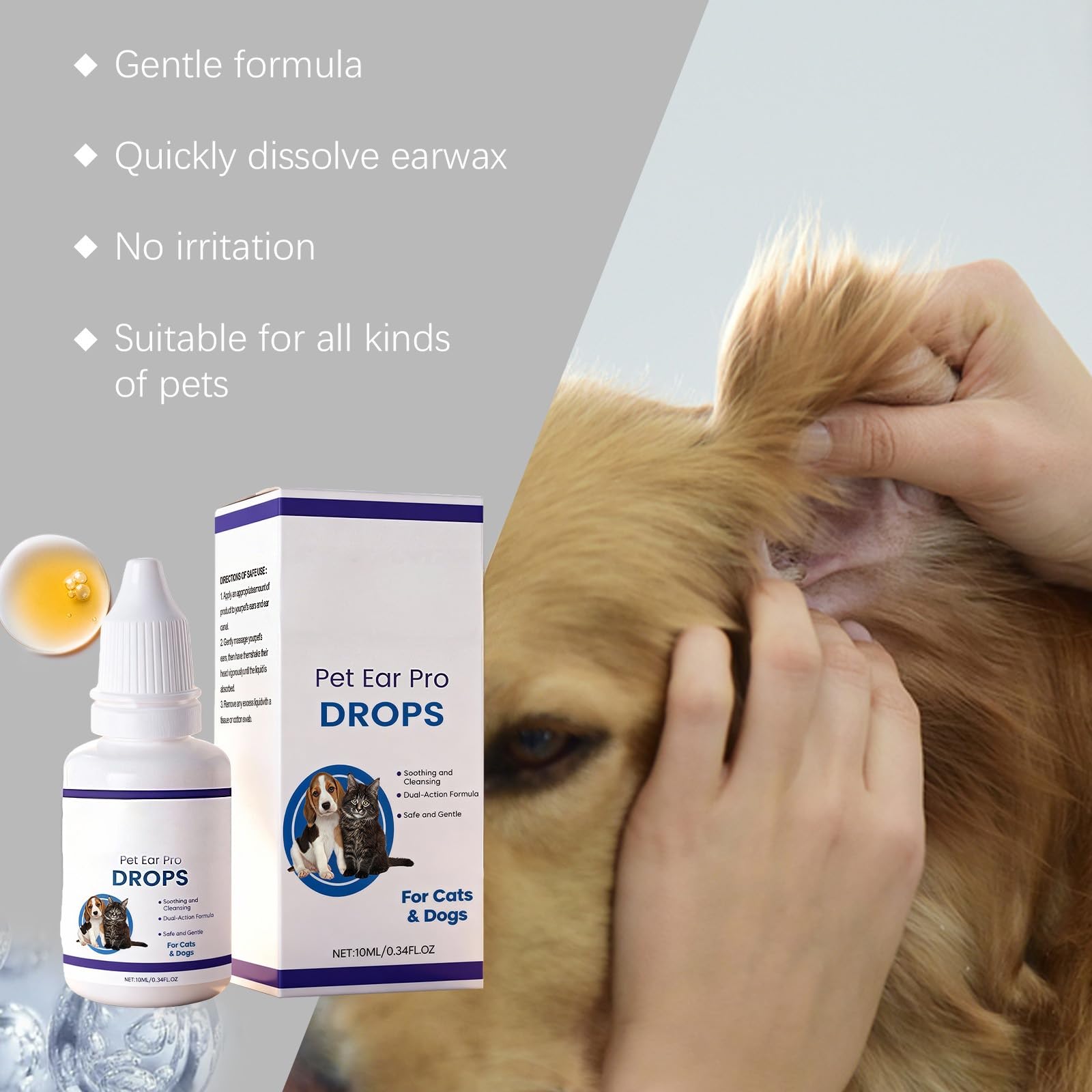 Gotas RZXEA Pet EarPro, gotas óticas naturales para mascotas, alivio suave para la picazón, solución segura para la limpieza de oídos para todas las razas y edades de perros y gatos,2PCS