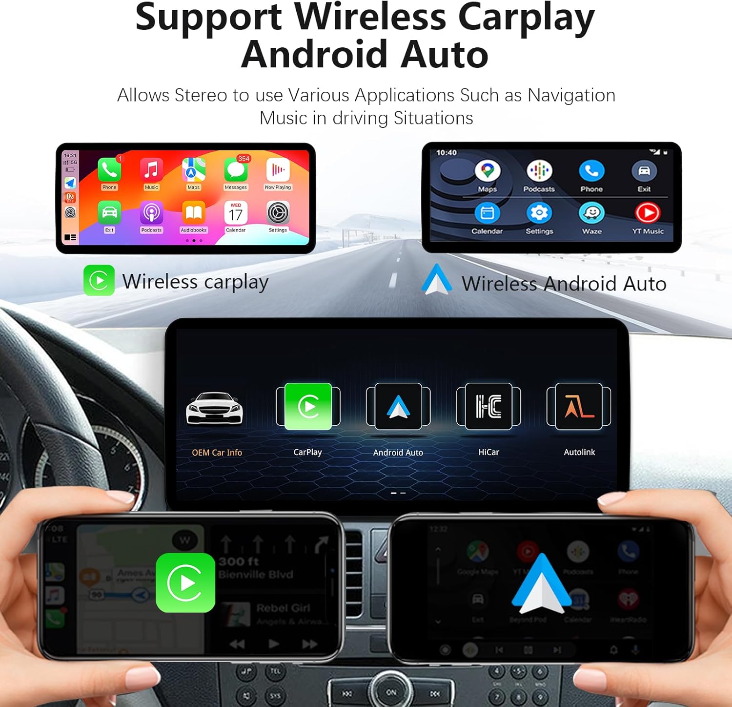 Interface showing options for Wireless Carplay and Wireless Android Auto, with icons for OEM Car Info, CarPlay, Android Auto, HiCar, and Autolink.