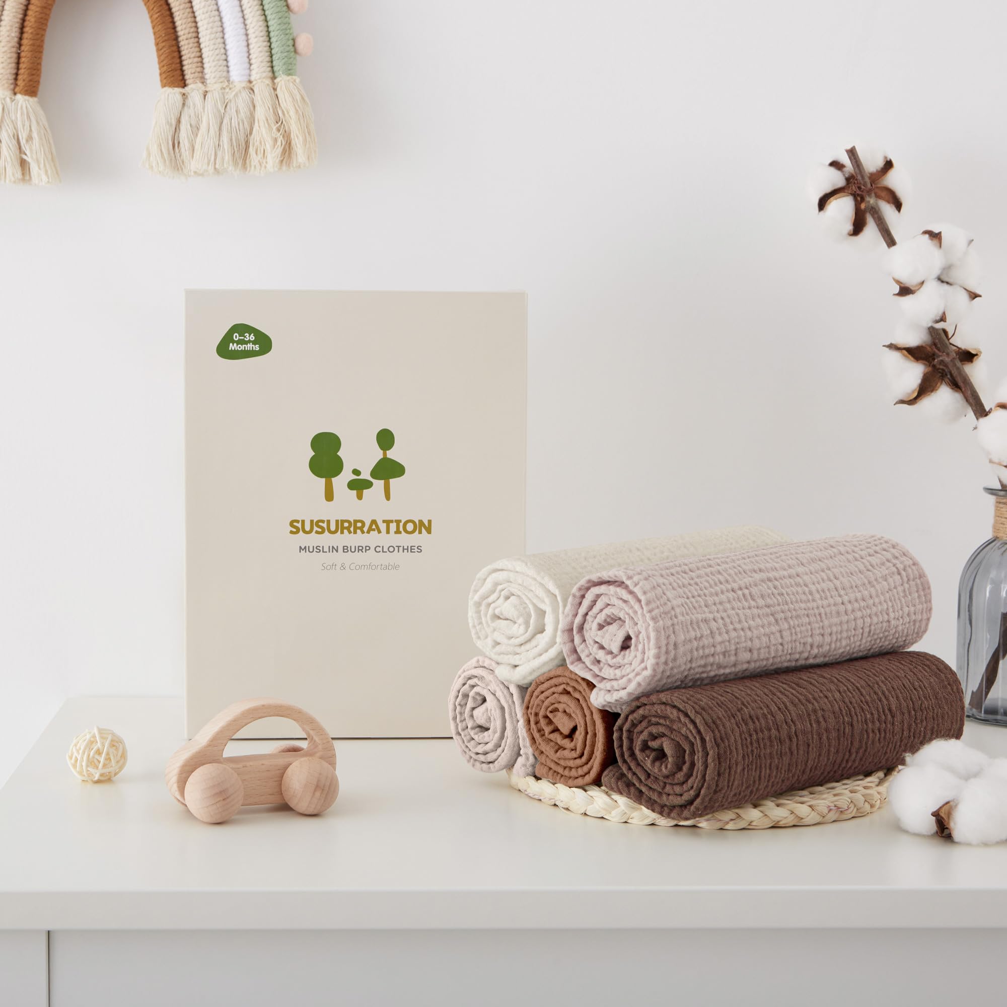 Susurration Bambino in Mussola Per Neonati, 5 Pezzi, Set 60x60CM, Super Morbido Assorbente in Mussola A Grana Per Neonati, Unisex, Per Bambine E Ragazzi (marrone)