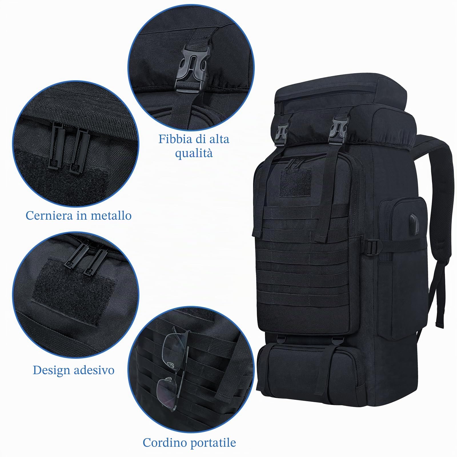 80L campeggio Trekking zaino, Zaino tattico militare, grande zaino da trekking, resistente all'acqua Trekking zainetto, borse sportive regolabili (nero)