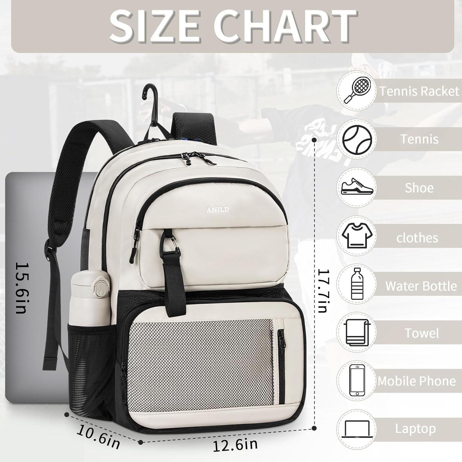 ANILD Tennis Bag Tennis Racket Backpack for 2 Rackets with Ventilated Shoe Compartment for Men & Women