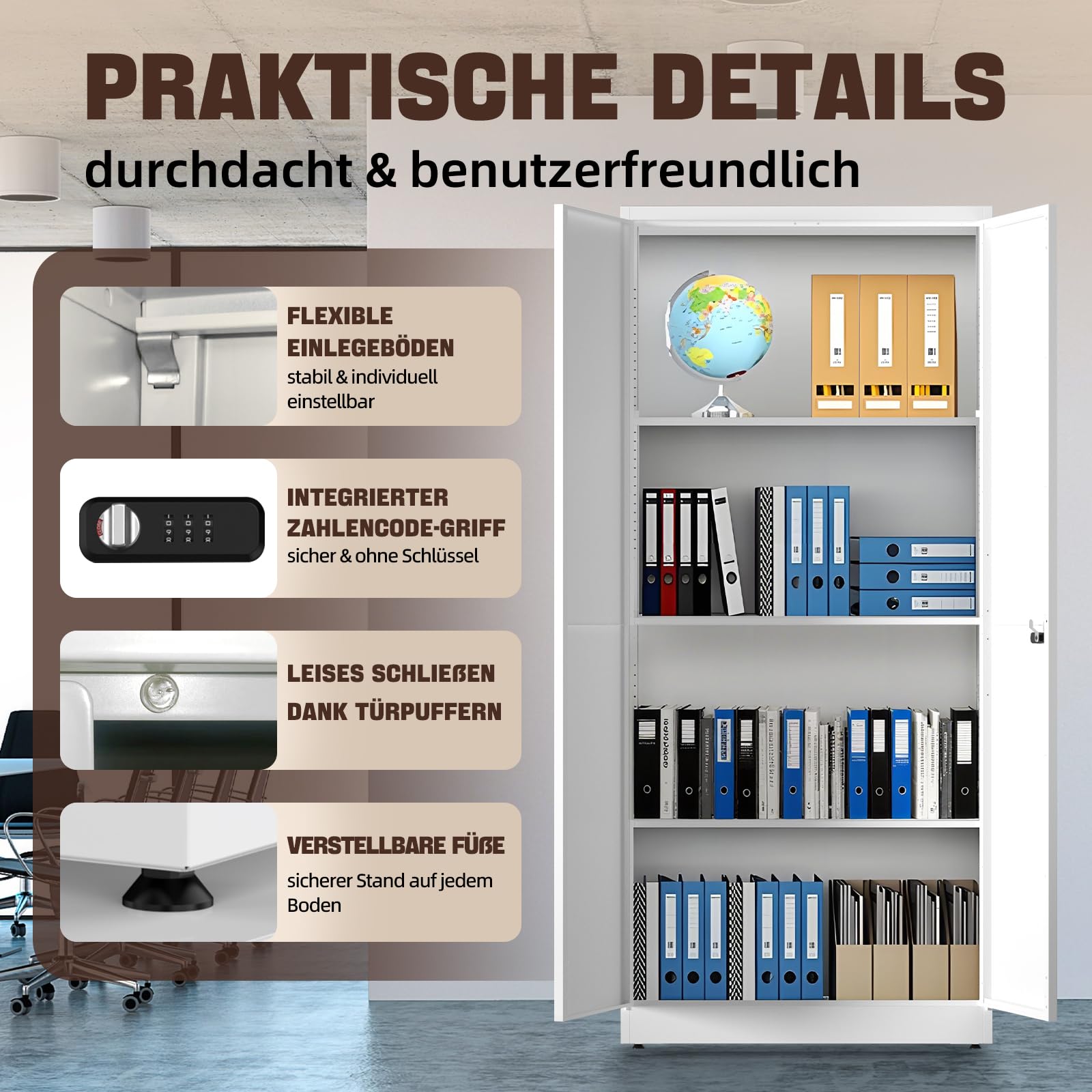 Aktenschrank，Aufbewahrungsschrank, Stahlspind, Abschließbarer Metallschrank mit Zahlenschloss, Verstellbare Regale, 180x80x40 cm, Mehrzweckschrank für Büro Garage & Haushalt, Weiß