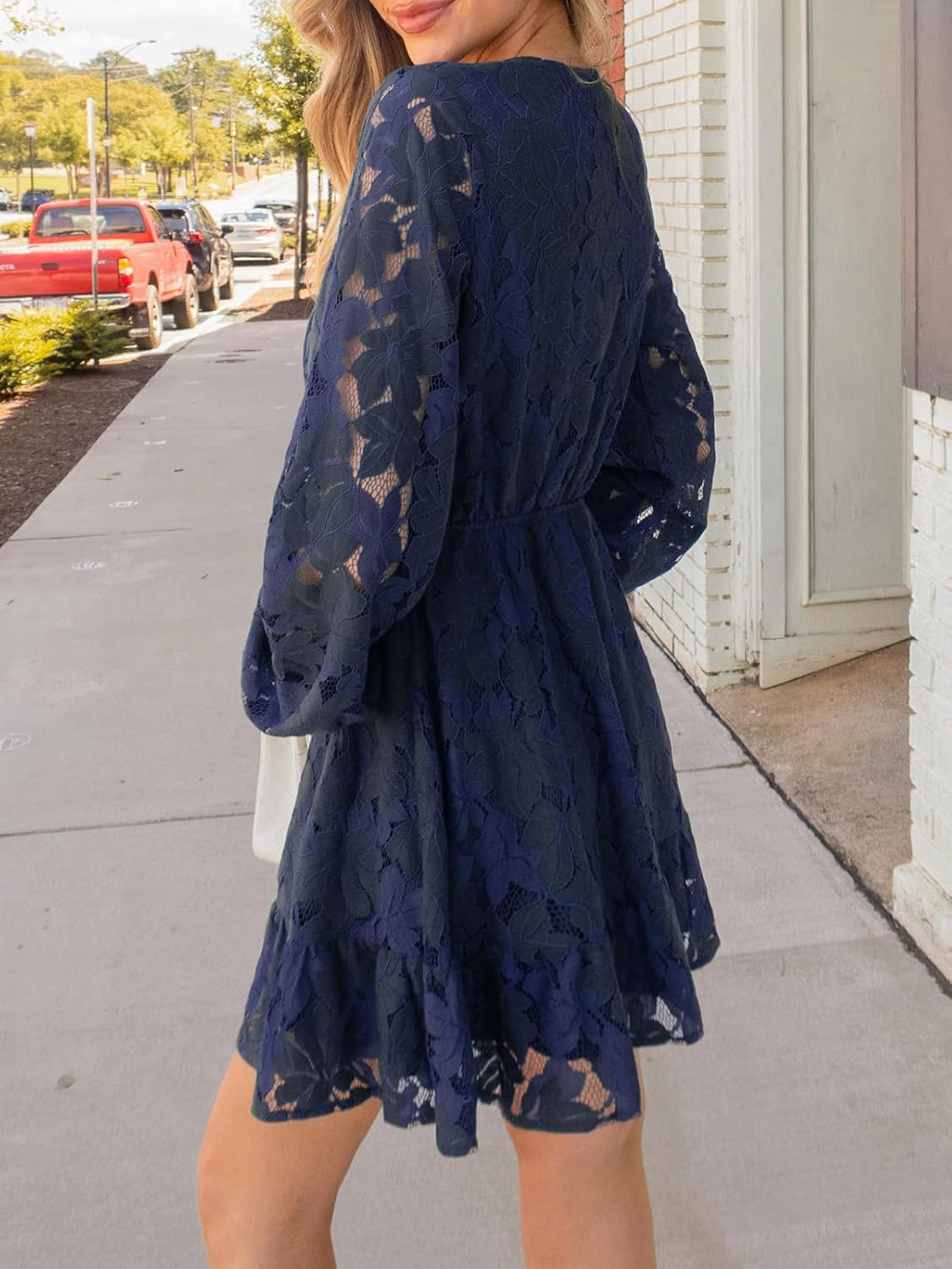 CUPSHE Women Elegant V Neck Lace Peasant Sleeve Mini Summer Dress Elastic High Waist A Line Casual Wedding Guest Dress - Image 3