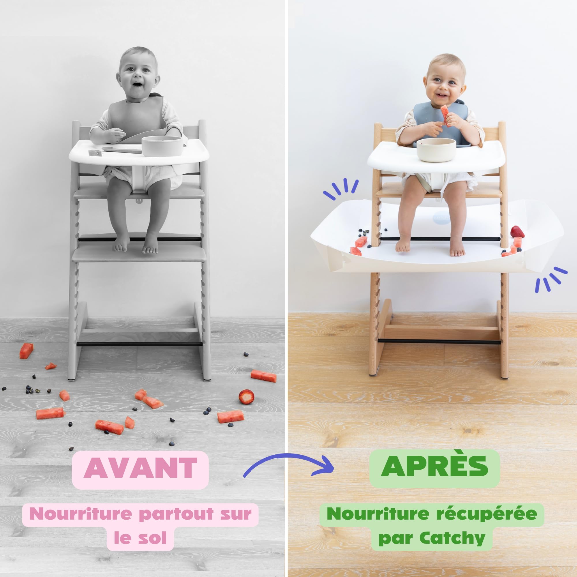 CATCHY Récupérateur d’Aliments pour Chaise Haute Bébé, Compatible avec la Chaise Haute Évolutive Stokke Tripp Trapp (Vendue Séparément), Bavoir Plateau Anti-Salissures Bébé, Blanc